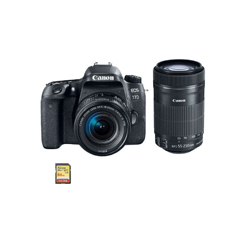 Canon - CANON EOS 77D KIT EF-S 18-55mm F4-5.6 IS STM + EF-S 55-250mm F4-5.6 IS STM (White Box) + 64GB SD card - Reflex Grand Public