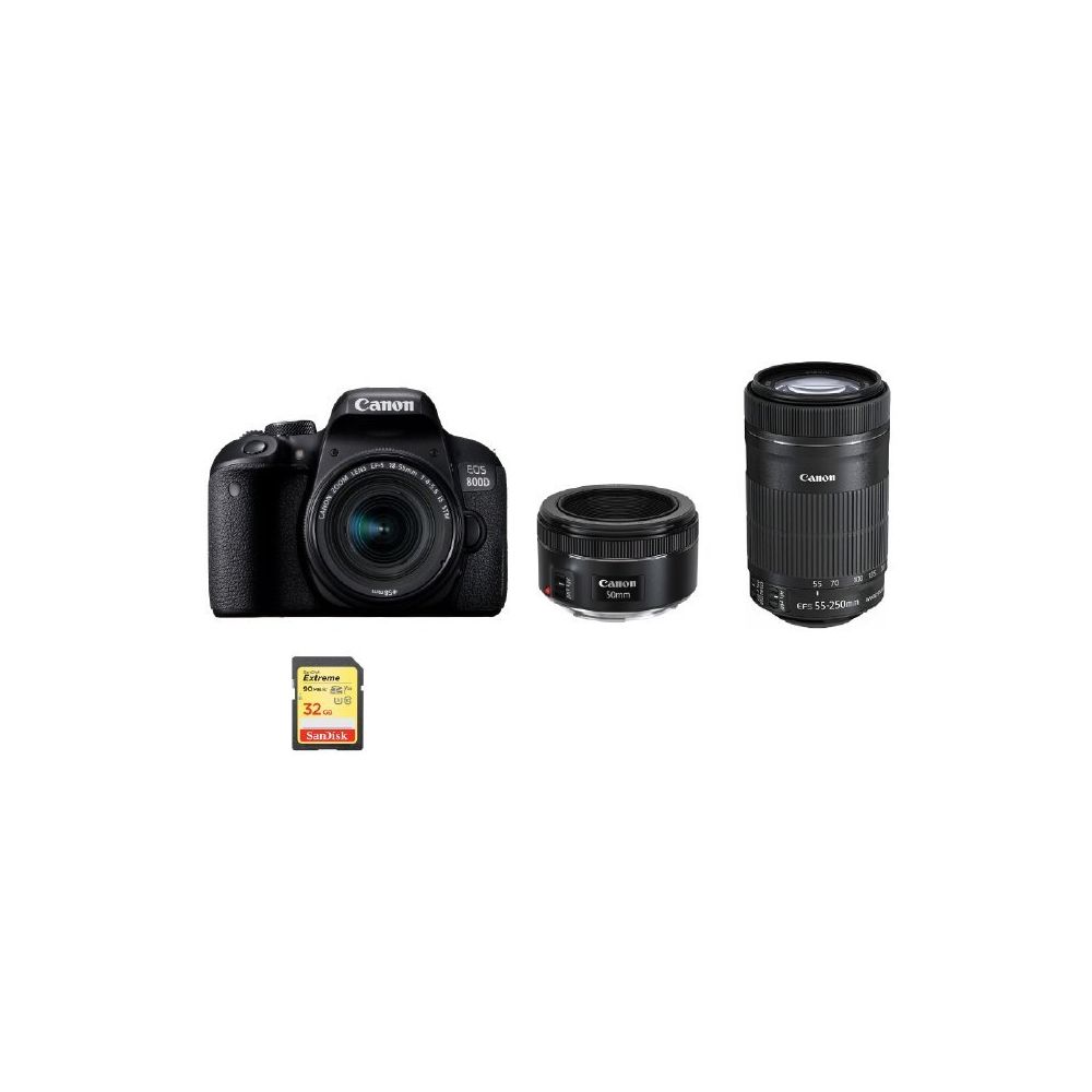 Canon - CANON EOS 800D KIT EF-S 18-55mm F4-5.6 IS STM+ EF-S 55-250mm F4-5.6 IS STM + EF 50mm F1.8 STM + 32GB SD card - Reflex Grand Public