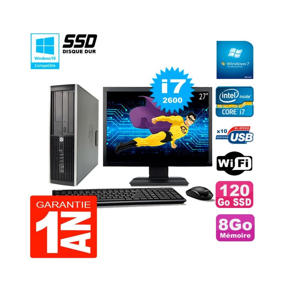 Hp - PC HP Compaq 8200 SFF Ecran 27"" Core I7-2600 RAM 8Go Disque 120 Go SSD Wifi W7 - PC Fixe