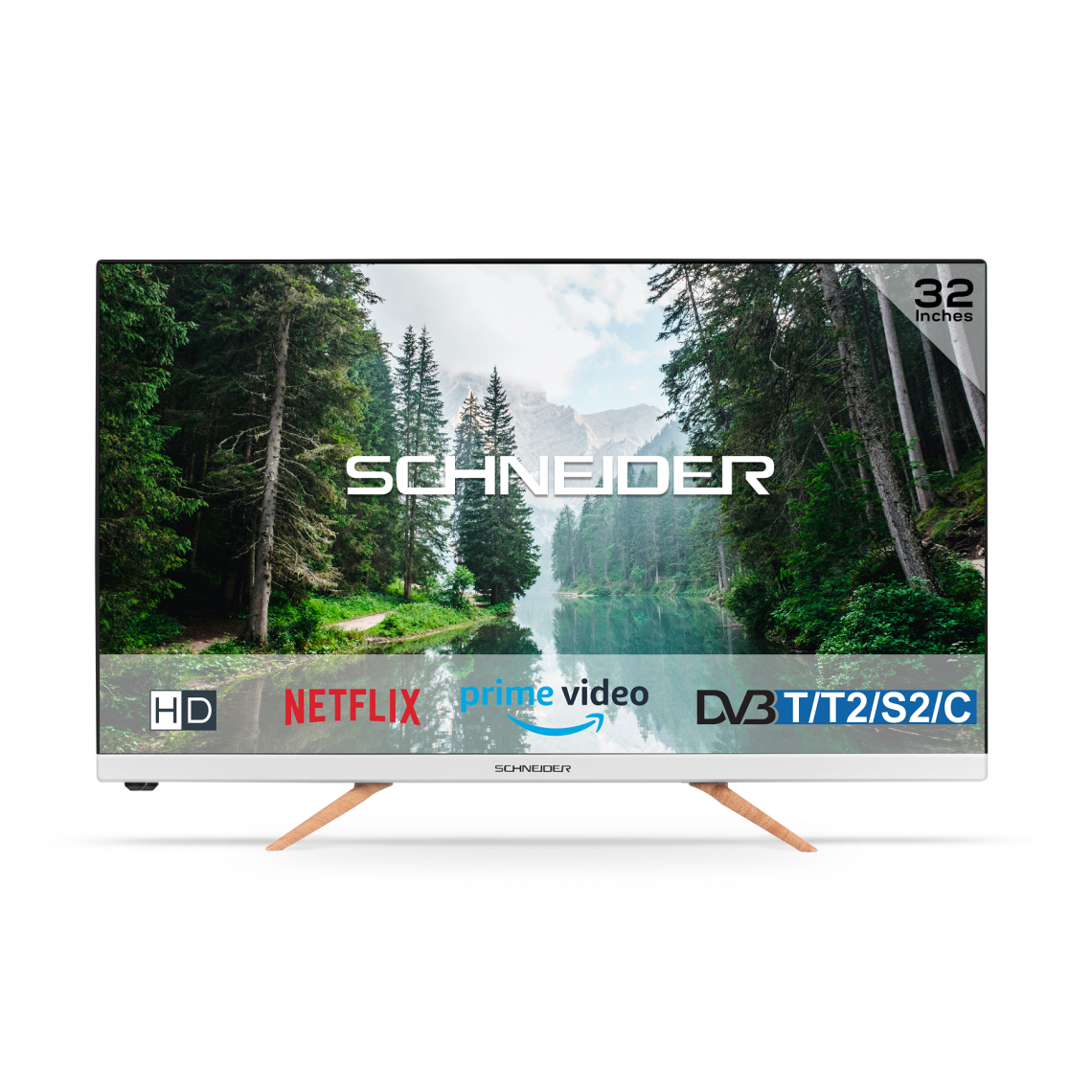 Schneider - SC32S1FJORD - Téléviseur Led 4K - 80 cm - Smart TV - 3 HDMI - 2 USB - Ecran sans bord - Pied effet bois - Blanc - TV 32'' et moins