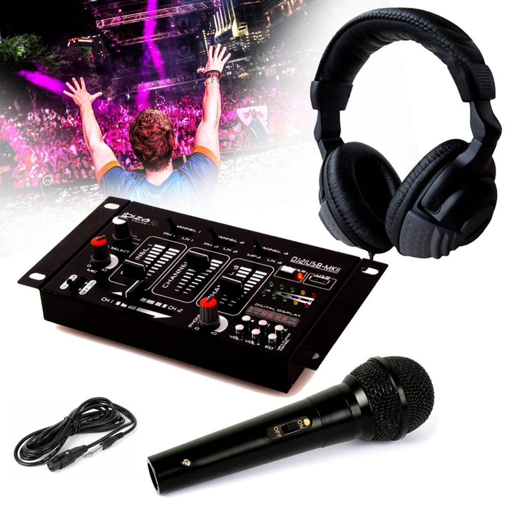 Ibiza Sound - Casque DJ Sono + table de mixage DJ21-USB-MKII IBIZA Sound + Micro Dynamique Noir - Tables de mixage