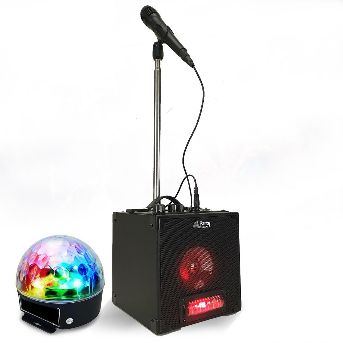 Party Sound - Pack enceinte pour Enfants Autonome Batterie Karaoké PARTY SINGER Bluetooth, Lumière, micro et support + Festinight Ball 6 LED - Enceintes Hifi