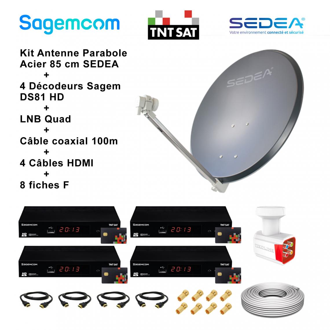 Sedea - Kit Antenne Parabole Acier 85 cm 38,2 dB Anthracite SEDEA + LNB Quad 0,1 dB Full HD 4K Ultra HD + 4 Décodeurs Sagem DS81 HD TNTSAT + Câble coaxial 100m + 4 Câbles HDMI + 8 Fiches F - Antennes intérieures
