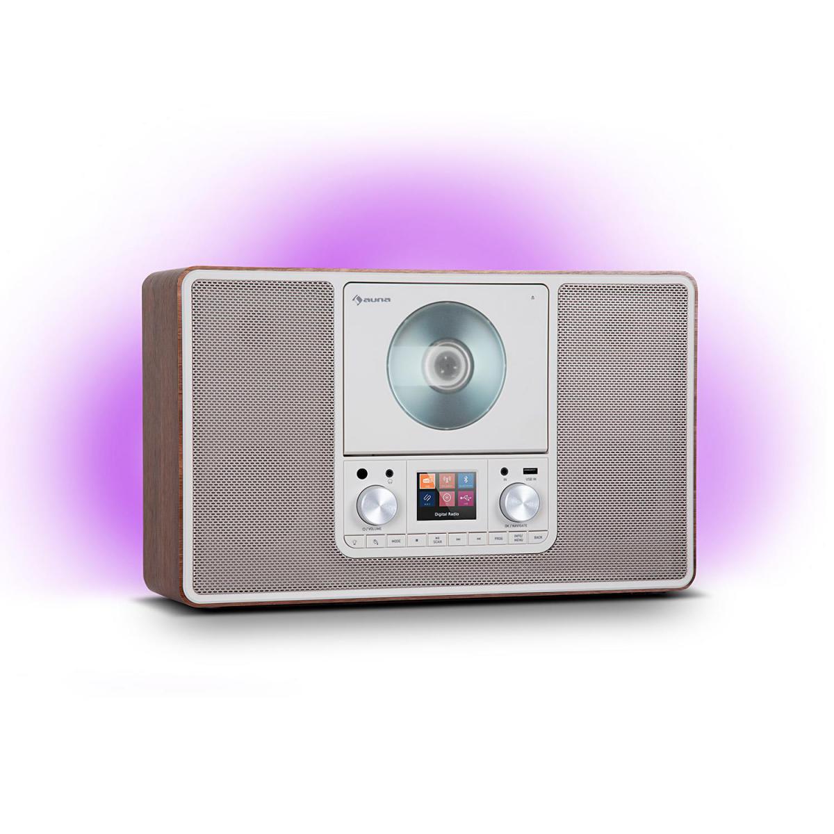 Auna - auna Scala VCD - Radio numérique avec lecteur CD / MP3 , tuner DAB / FM , Bluetooth 5.0 & USB , éclairage 7 couleurs - Marron - Radio