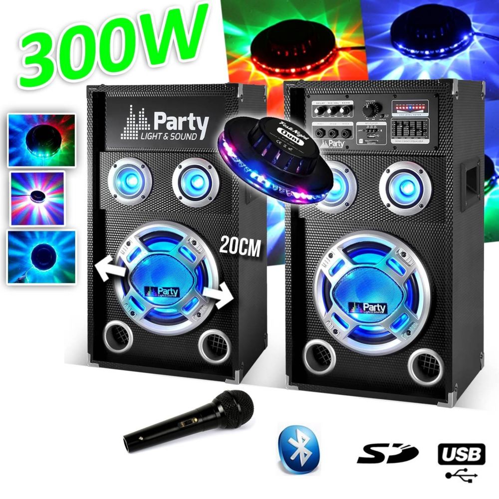 Party Sound - Pack Karaoké 2 Enceintes à LEDs 8""/20cm 300W Bluetooth/USB/SD - MICRO KARAOKE + Effet OVNI RVB - Packs sonorisation