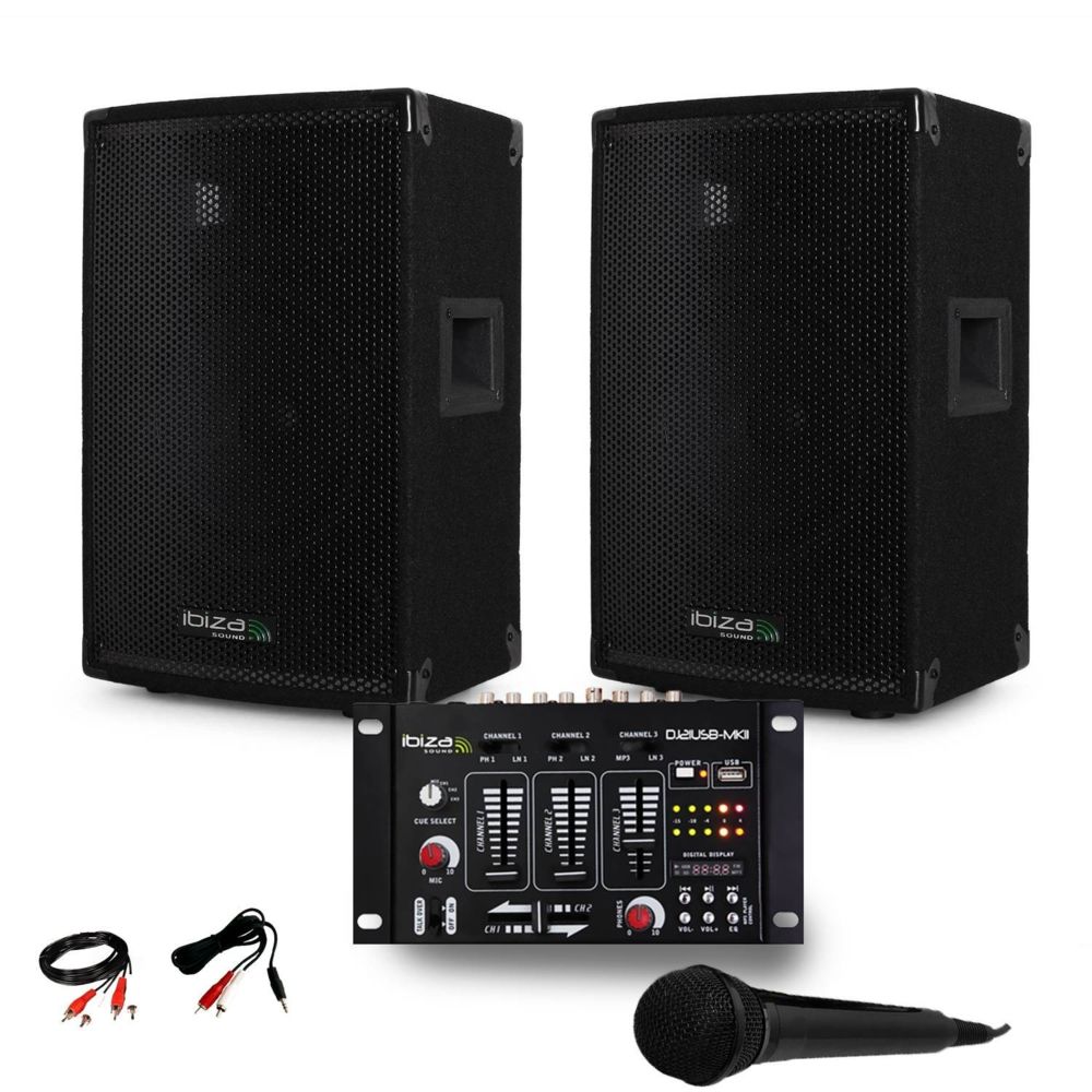 Ibiza Sound - Paire d'enceinte Sono passive IBIZA DISCO10B TRAPEZOIDALE 10"" 800W BassReflex + Table de Mix USB + MIC+ Câble PC - Packs sonorisation