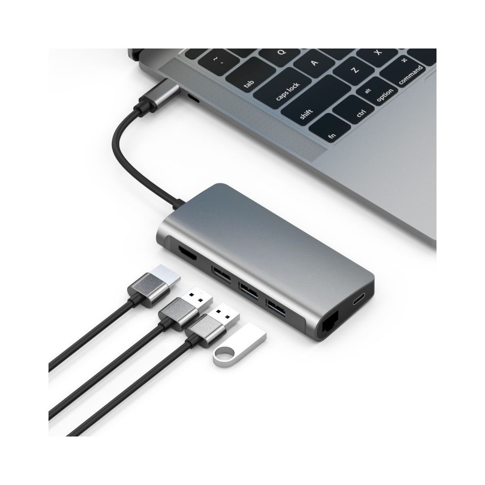 Wewoo - HUB basix T7 8 en 1 USB-C / Type-C à 3 USB 3.0 + USB-C / Type-C + HDMI + RJ45 Adaptateur HUB avec fentes pour carte Micro SD / SD Gris - Hub