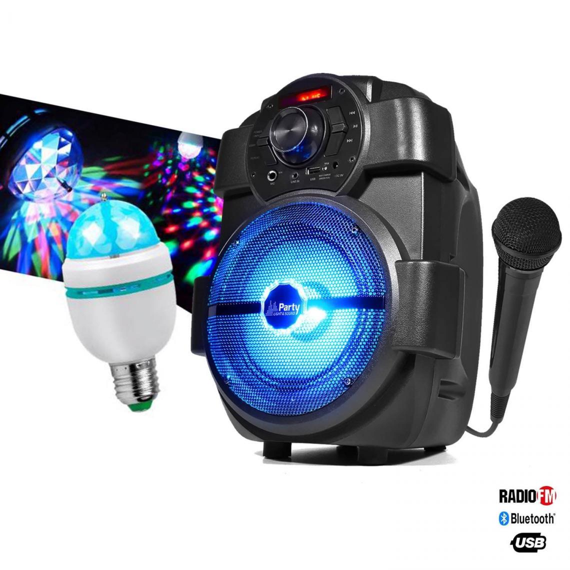 Party Light & Sound - Enceinte karaoke batterie 180W USB/BLUETOOTH/FM + Ampoule d'ambiance 3 couleurs + Micro - Enceinte nomade