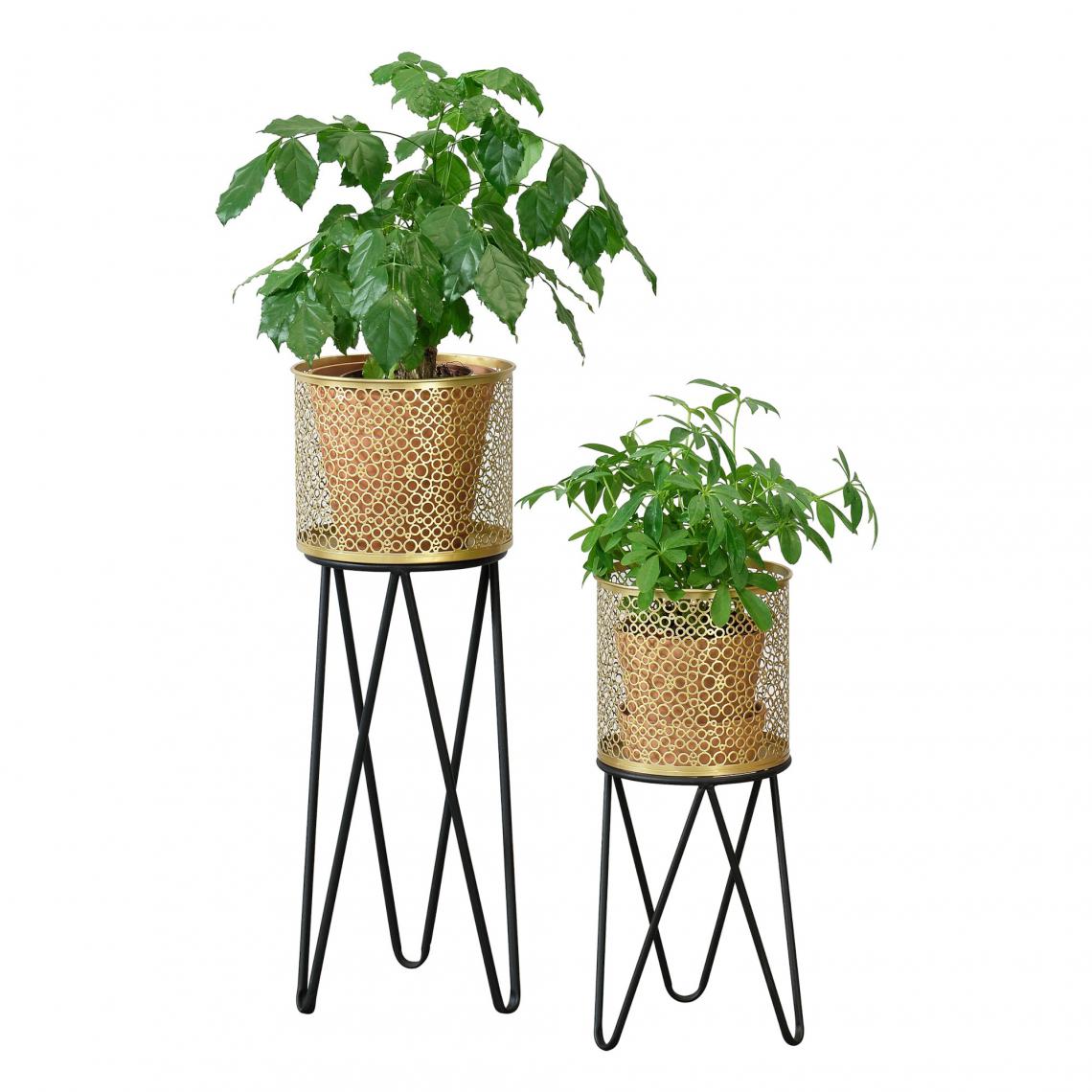 Helloshop26 - Lot de 2 supports de plante set cache-pot pot de fleur bac à fleurs vase métal tailles différentes noir doré 03_0005771 - Etagères