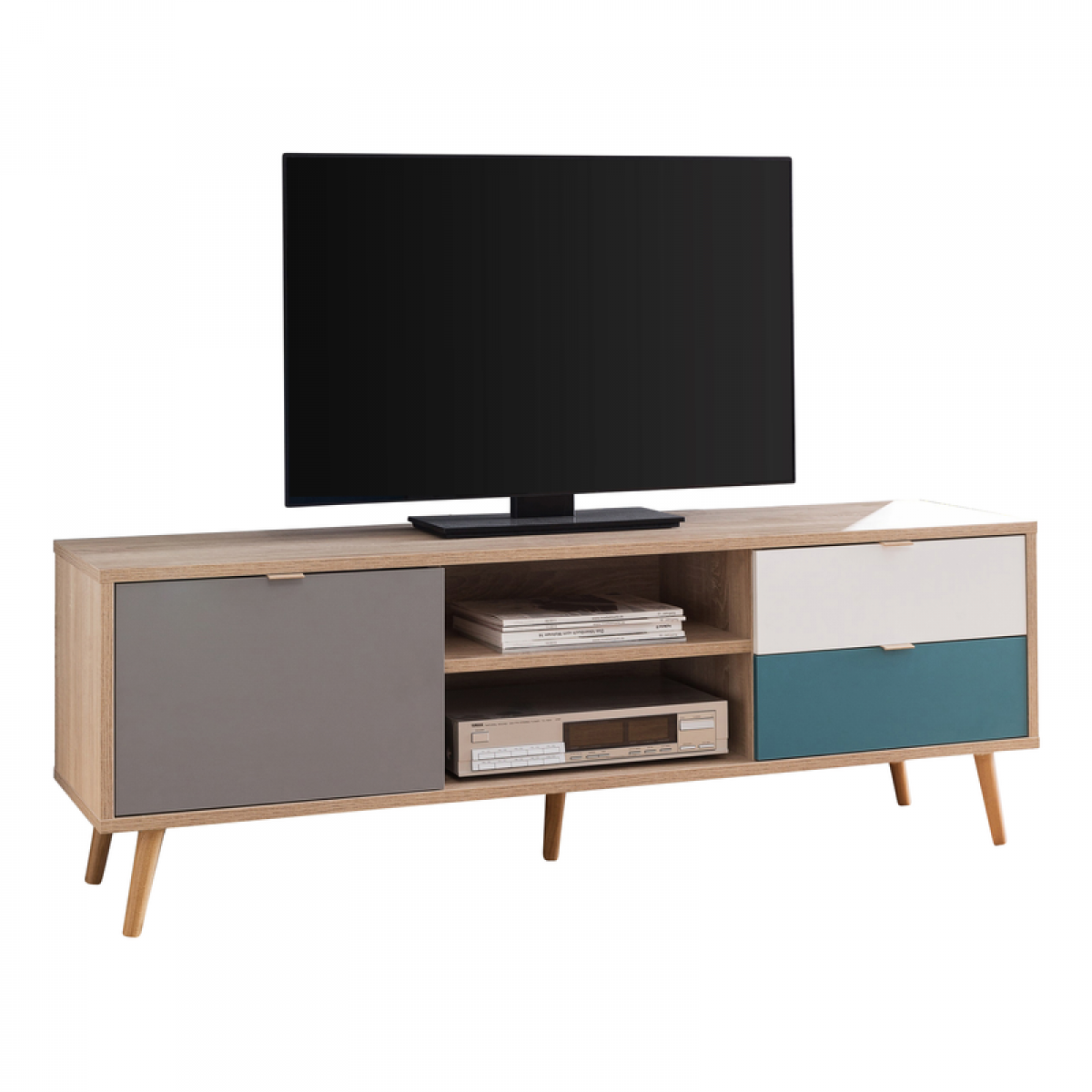 But - Meuble TV au design scandinave 2 tiroirs avec porte à compartiment ouvert en bois Glabas - Meubles TV, Hi-Fi
