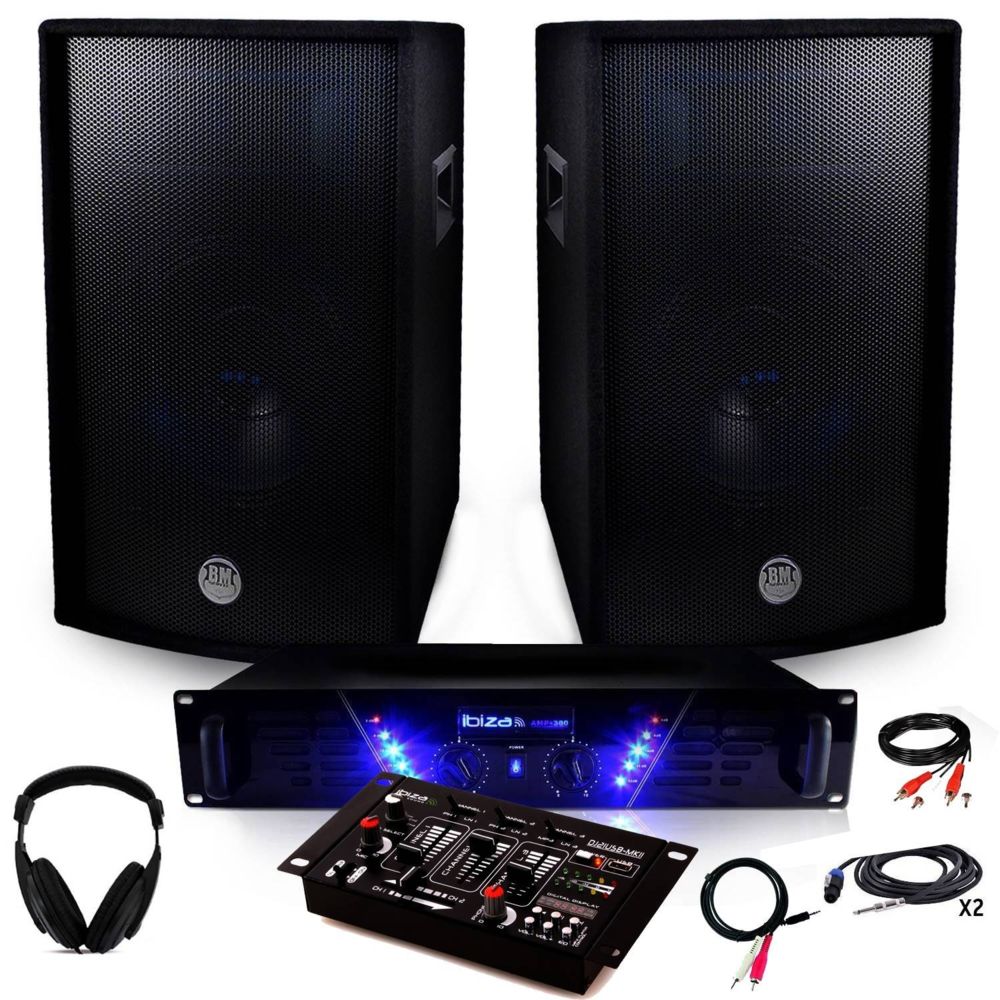 Ibiza Sound - Pack Sono Ampli AMP-300 + HP BMS-12 de 2x600W Table de mix USB + Casque - Packs sonorisation
