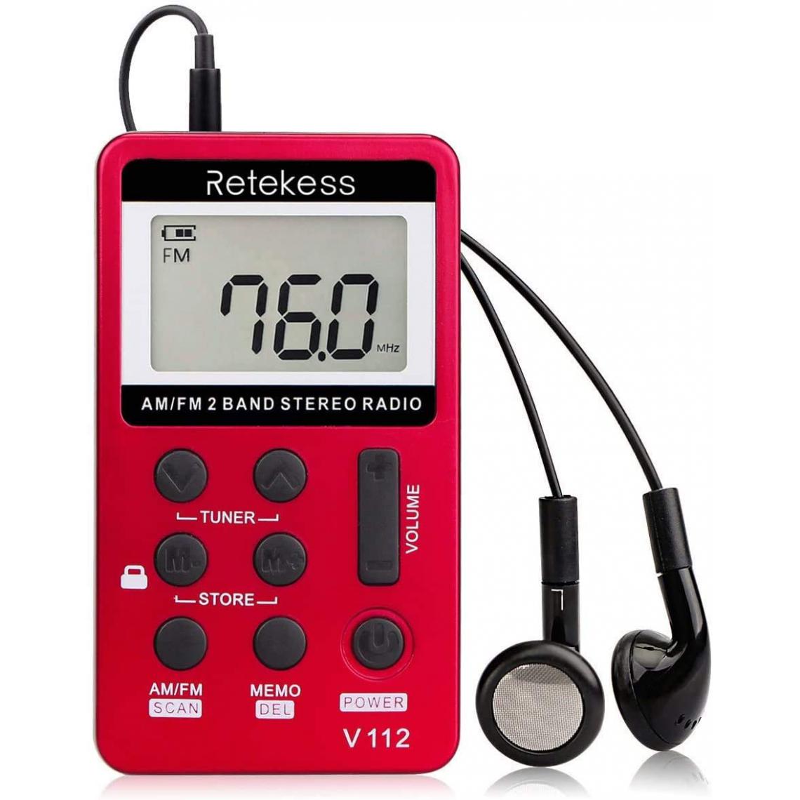 Retekess - radio de poche portable AM FM Personnel avec Batterie Rechargeable et Écouteurs rouge noir - Radio
