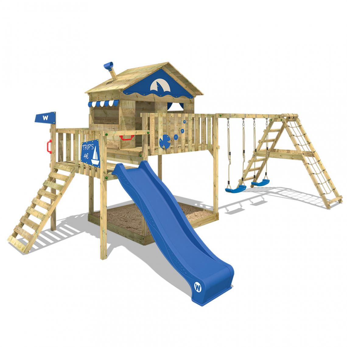 Wickey - Aire de jeux Portique bois Smart Ocean avec balançoire et toboggan bleu Maison enfant sur pilotis avec bac à sable, échelle d'escalade & accessoires de jeux - Aire de jeux