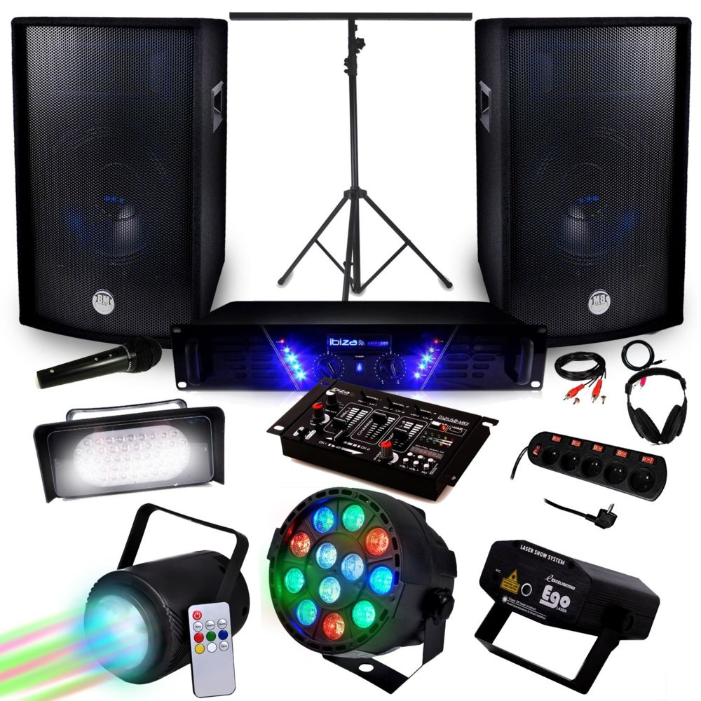 Ibiza Sound - Pack Sono + Light Ampli AMP-300 + HP BMS-12 de 2x600W + Pack 4 lumières - Packs sonorisation