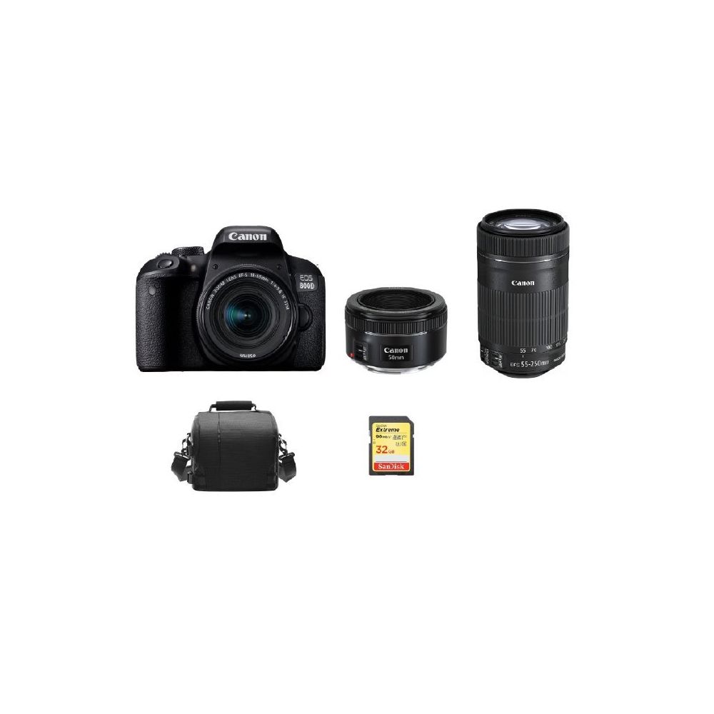 Canon - CANON EOS 800D KIT EF-S 18-55mm F4-5.6 IS STM+ EF-S 55-250mm F4-5.6 IS STM + EF 50mm F1.8 STM + 32GB SD card + camera Bag - Reflex Grand Public