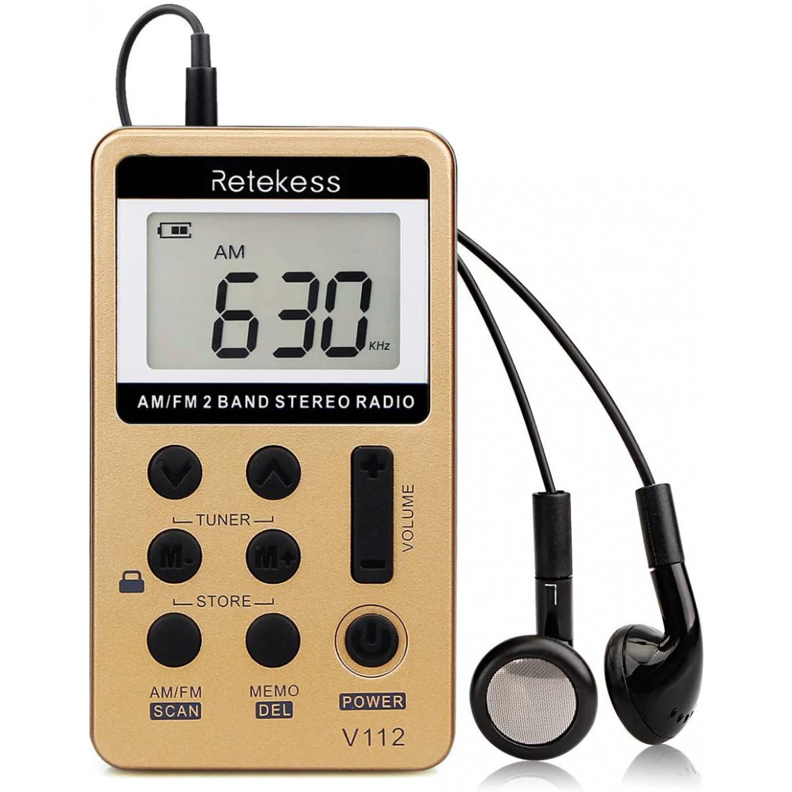 Retekess - radio de poche portable AM FM Personnel avec Batterie Rechargeable et Écouteurs or noir - Radio