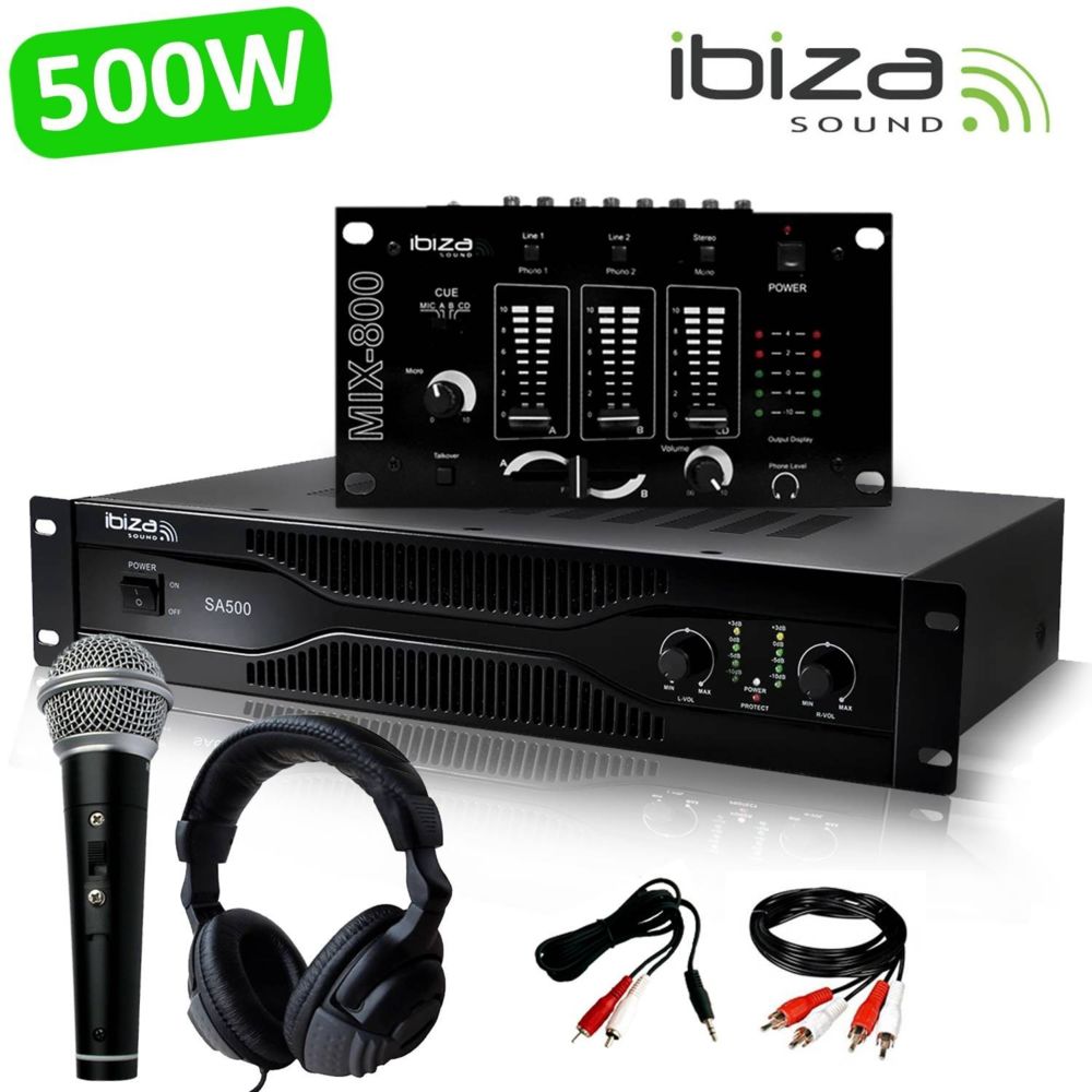 Ibiza Sound - Pack Sono Dj Amplificateur 500W IBIZA SOUND SA500 + Table de mixage MIX800 + CASQUE MICRO + Câblages RCA + PC - Ampli