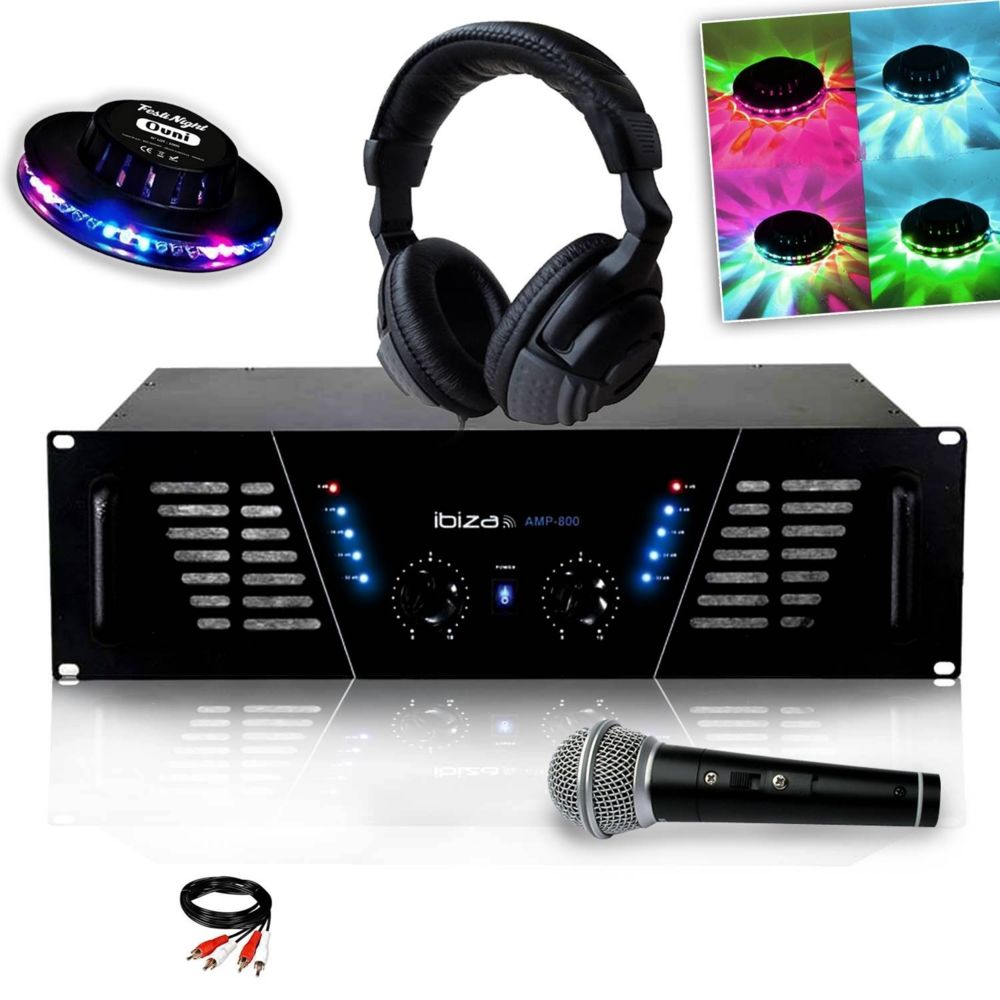 Ibiza Sound - Amplificateur sono Dj 2 x 600W Max IBIZA SOUND AMP-800 + Effet UFO OVNI + Casque Audio + MICRO et Câble RCA - Ampli