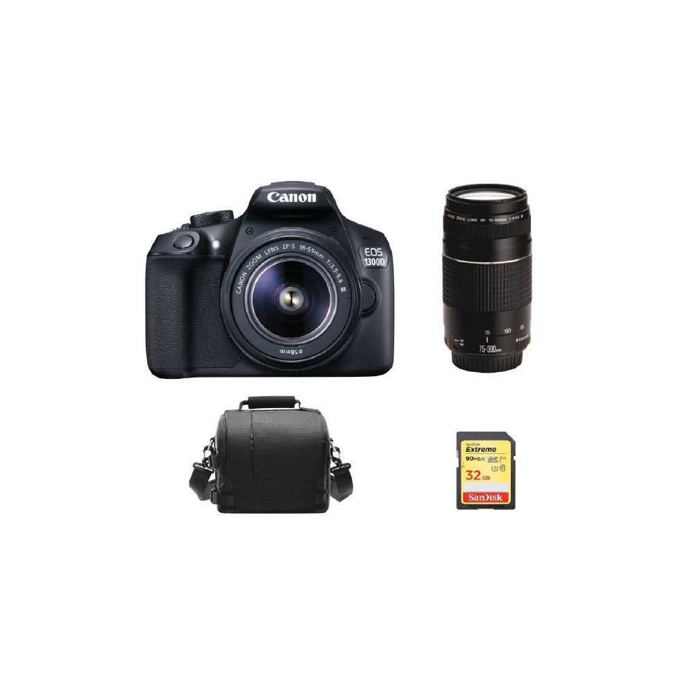 Canon - CANON EOS 1300D KIT EF-S 18-55mm F3.5-5.6 IS III + EF 75-300mm F4-5.6 III + 32G SD card + camera Bag - Reflex Grand Public