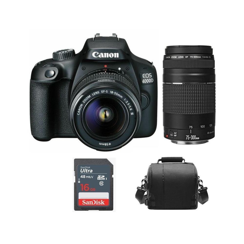 Canon - CANON EOS 4000D KIT EF-S 18-55MM F3.5-5.6 III + EF 75-300MM F4-5.6 III + Camera Bag + 16GB SD card - Reflex Grand Public