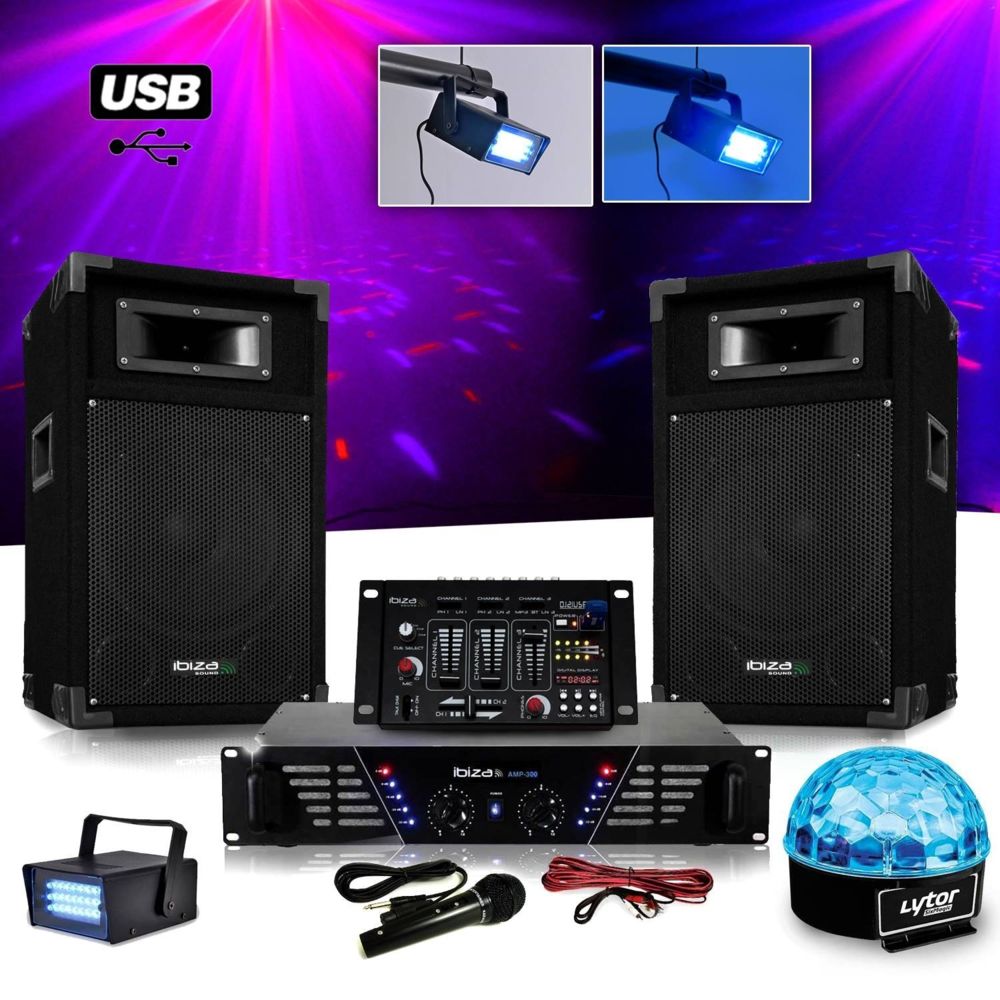 Ibiza Sound - Pack Sono DJ complet ampli + enceintes 500W + Table de mixage + LIGHT SIXMAGIC LED RVB + LEDSTROBE - Packs sonorisation