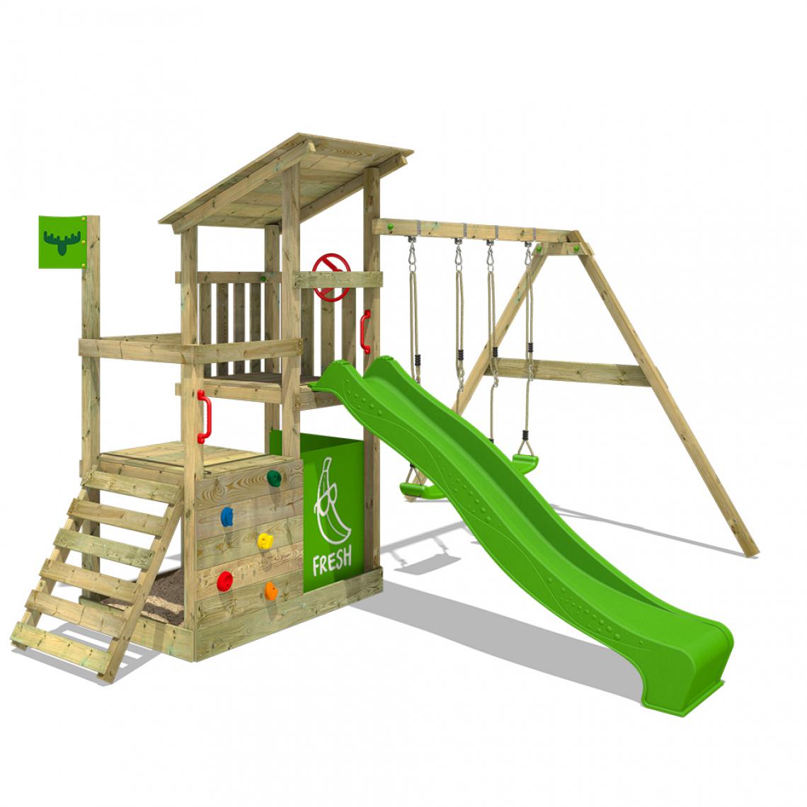 Fatmoose - Aire de jeux Portique bois FruityForest avec balançoire et toboggan vert pomme Maison enfant extérieure avec bac à sable, échelle d'escalade & accessoires de jeux - Aire de jeux