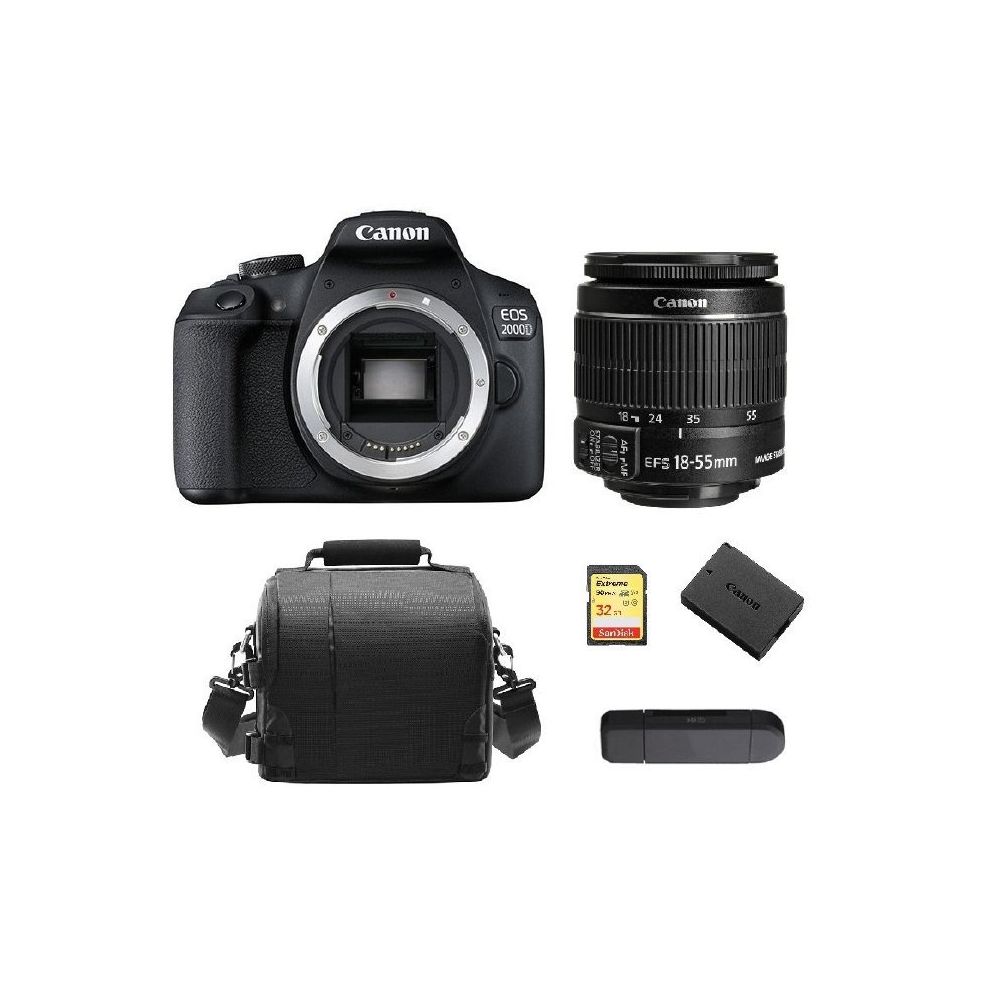 Canon - CANON EOS 2000D Black KIT EF-S 18-55mm F3.5-5.6 IS II + 32GB SD card + camera Bag + LP-E10 Battery + Memory Card Reader - Reflex Grand Public