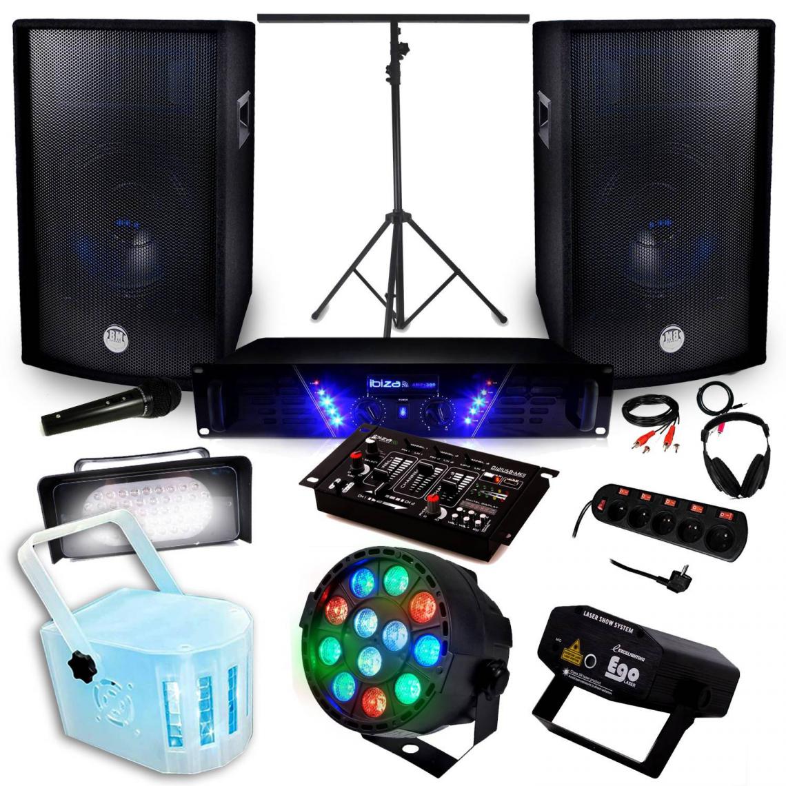 Ibiza Sound - Pack Sono + Light Ampli AMP-300 + HP BMS-12 de 2x600W + Pack 4 lumières Derby KOLOR RVB Strobe Laser PAR-MINI - Packs sonorisation