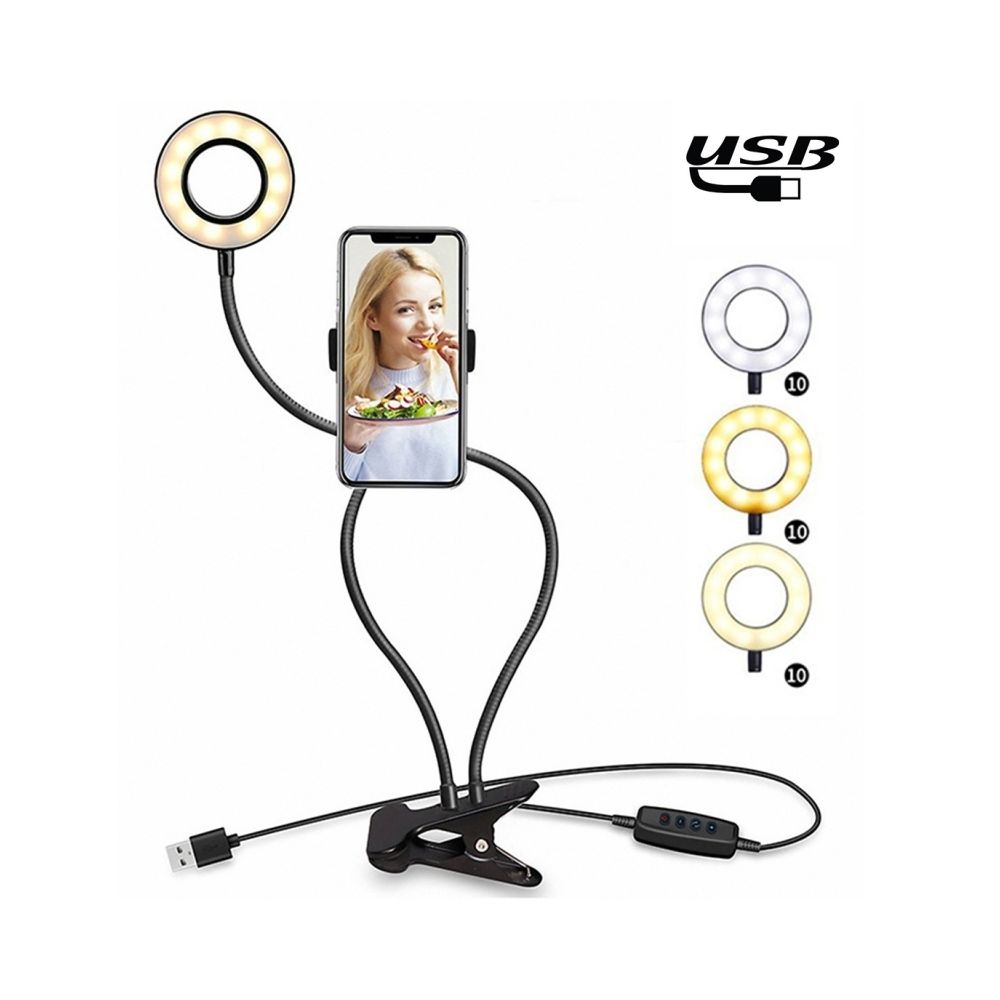 Wewoo - Lumière Selfie Maquillage USB Ring Light avec Clip Support de téléphone portable paresseux Stand Stand, 3-Light Mode, Luminaire de bureau à 10 niveaux de luminosité LED, Compatible pour iPhone / Android, Live Stream, KTV, Diffusion en direct, Live Show, e - Autres accessoires smartphone