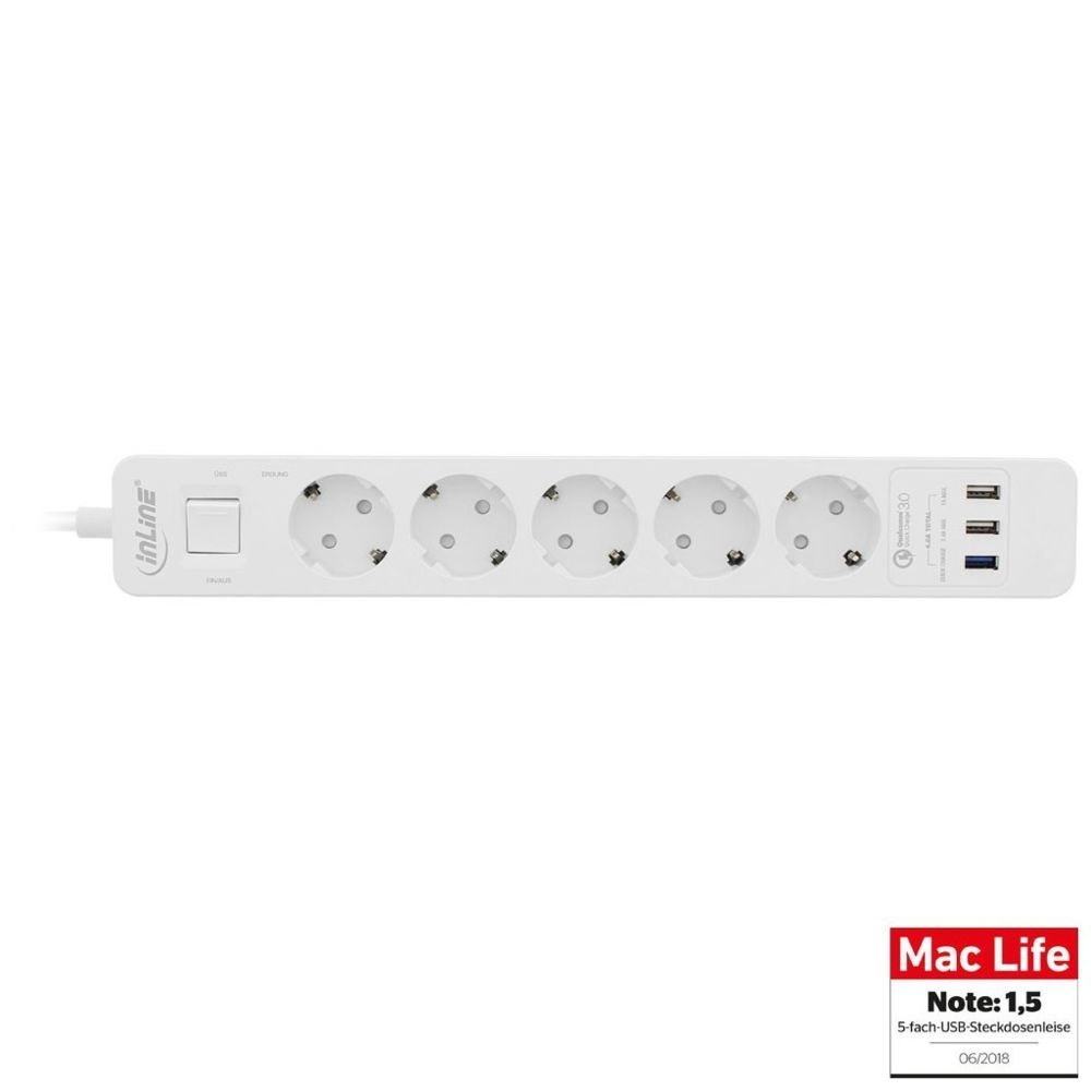 Inline - InLine® Power Strip 5 ports avec USB QC, 5x type F allemand avec interrupteur et sécurité enfant blanche 1,5 m - Blocs multiprises