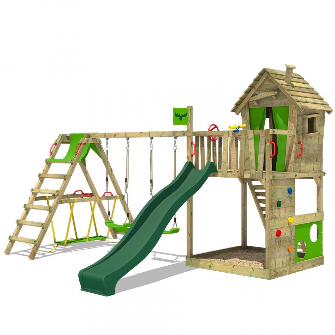 Fatmoose - Aire de jeux Portique bois HappyHome avec balançoire SurfSwing et toboggan vert Maison enfant extérieure avec bac à sable, échelle d'escalade & accessoires de jeux - Aire de jeux