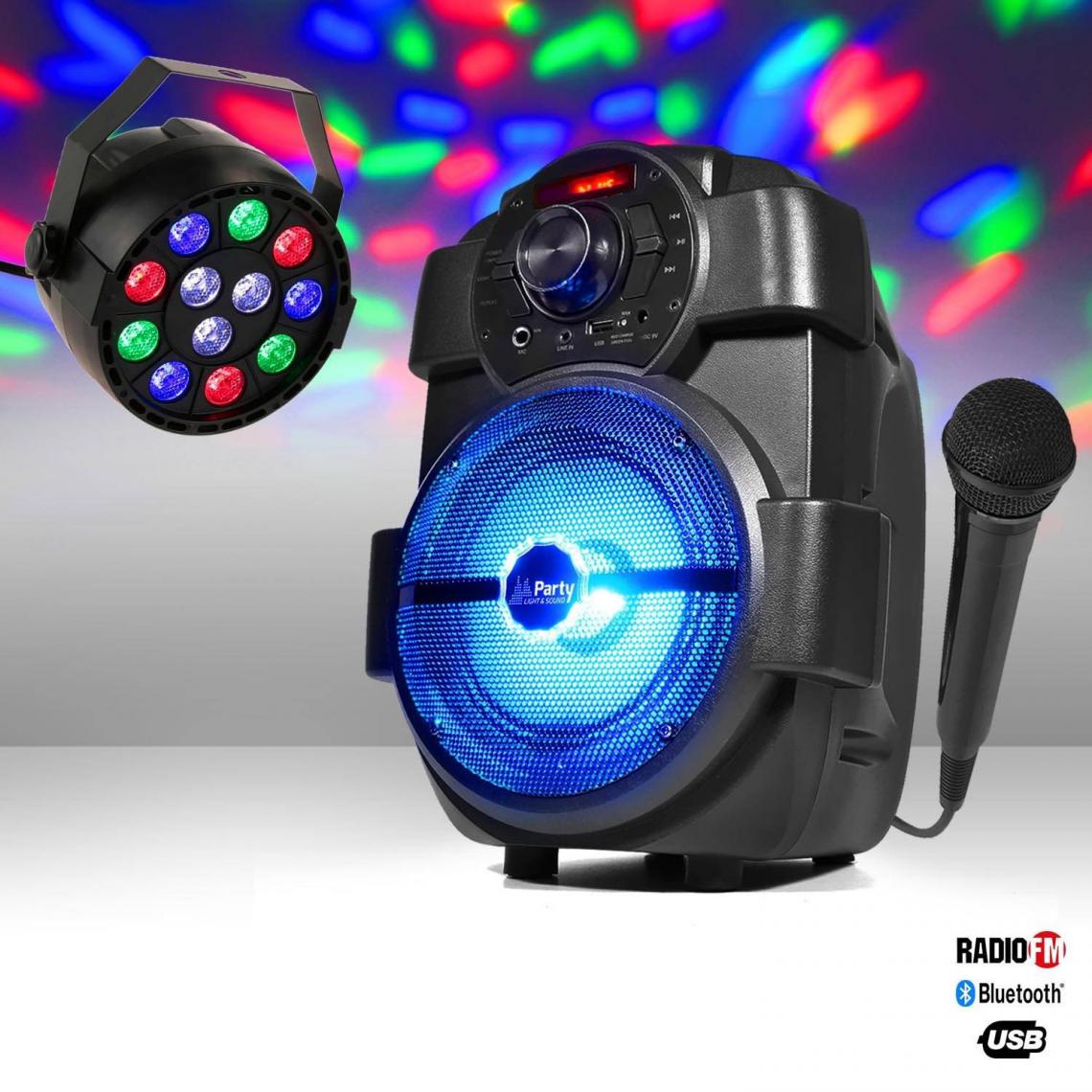 Party Light & Sound - Enceinte karaoke batterie 180W USB/BLUETOOTH/RADIO + Jeu de lumière PAR mini RGBW + Micro - Enceinte nomade