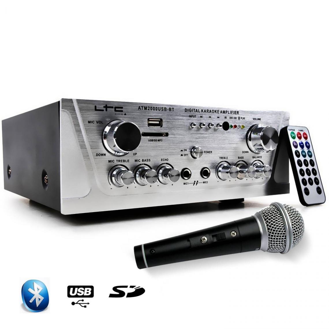 Ltc Audio - Amplificateur HIFI Stéréo KARAOKE USB/BLUETOOTH/SD 2x50W + Microphone noir/silver - Ampli