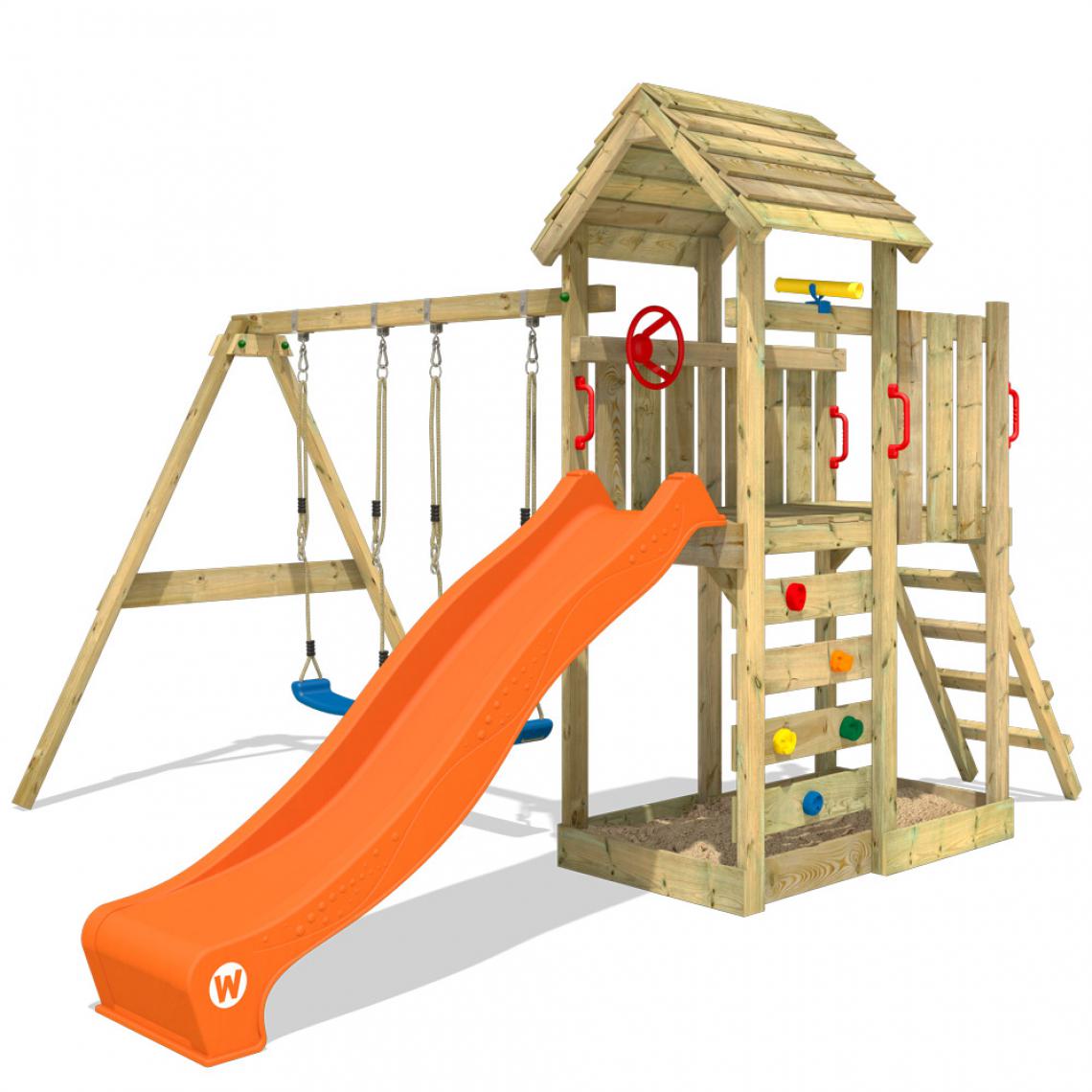 Wickey - Aire de jeux Portique bois MultiFlyer toit en bois avec balançoire et toboggan orange Maison enfant extérieure avec bac à sable - Aire de jeux