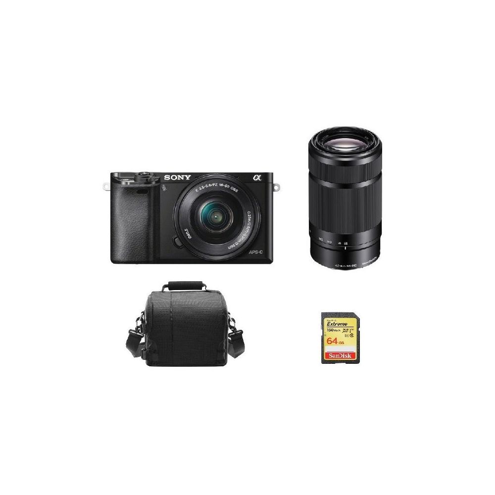 Sony - SONY A6000 Black TWIN KIT SEL 16-50MM F3.5-5.6 OSS Black SEL 55-210MM F4.5-6.3 OSS Black + 64GB SD card + camera Bag - Reflex Grand Public