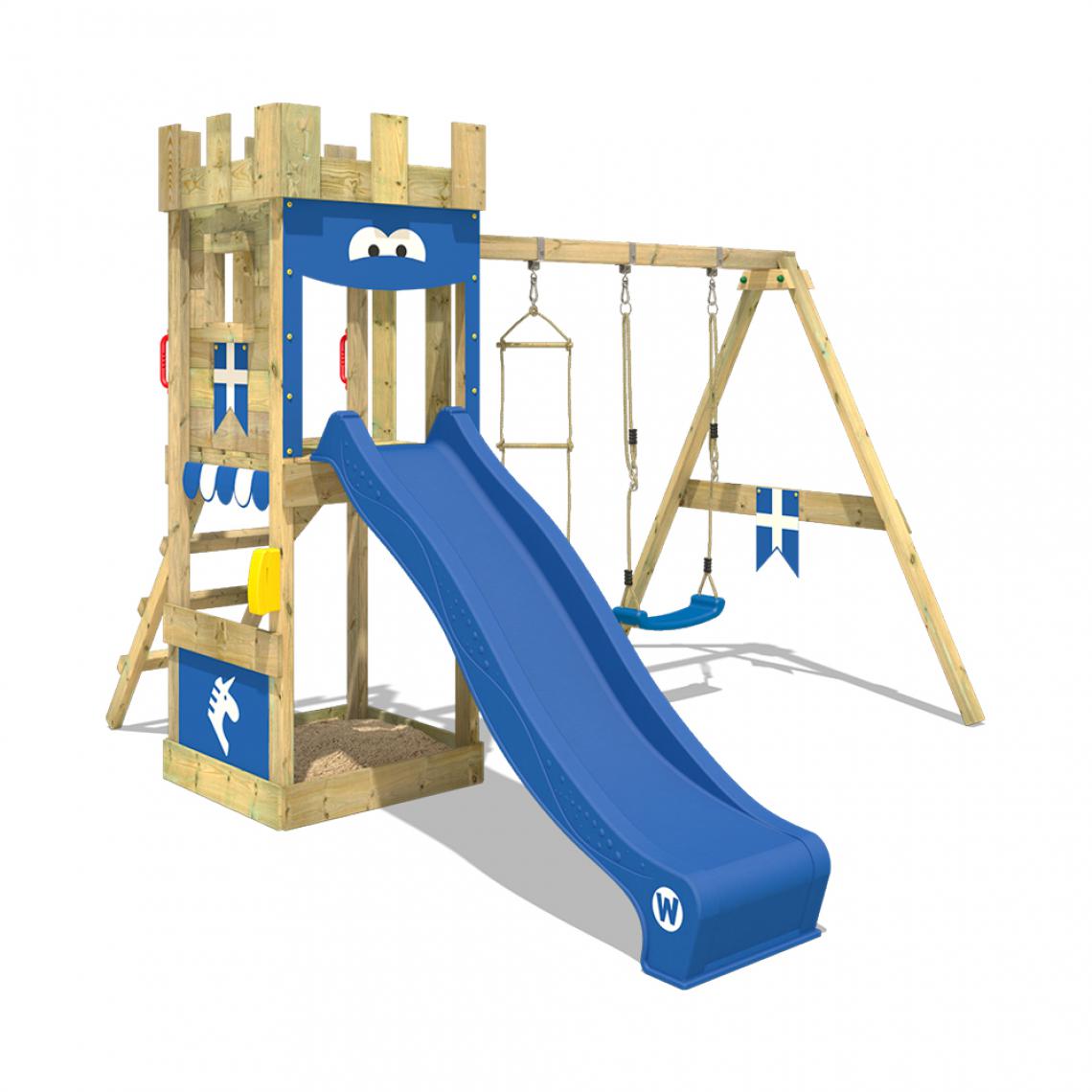 Wickey - Aire de jeux Portique bois KnightFlyer avec balançoire et toboggan bleu Maison enfant extérieure avec bac à sable, échelle d'escalade & accessoires de jeux - Aire de jeux