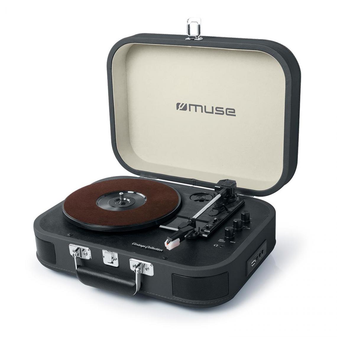 Muse - Platine vinyle stéréo Noire 33/45/78 tours avec enceintes intégrées - USB/SD/AUX - Prise casque - Platine