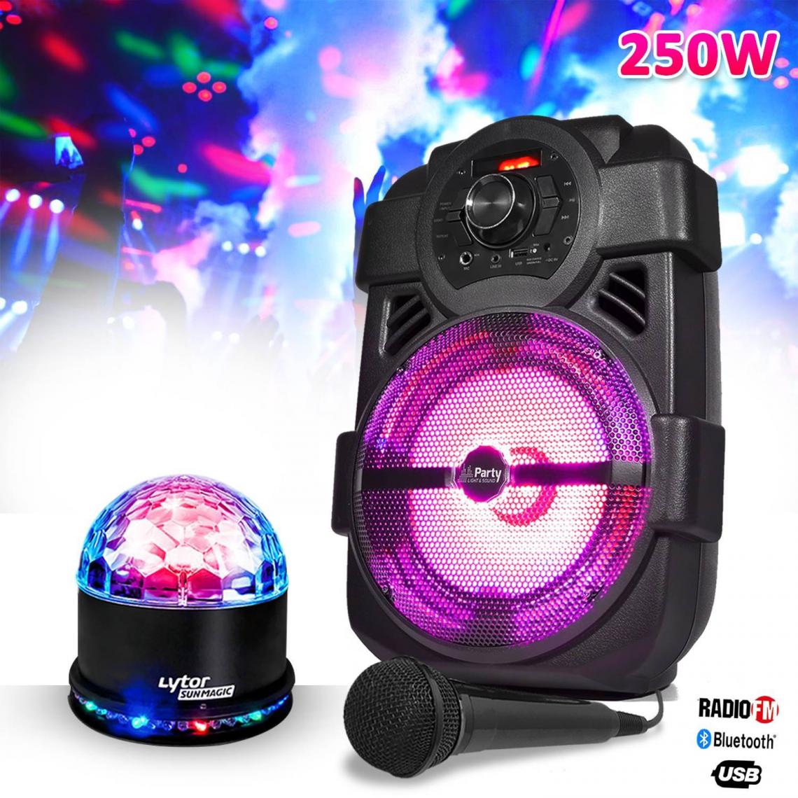 Party Light & Sound - Enceinte karaoke mobile 250W 8" USB/BT/FM + Jeu de lumière effet Astro/Ovni + Micro - Enceinte nomade