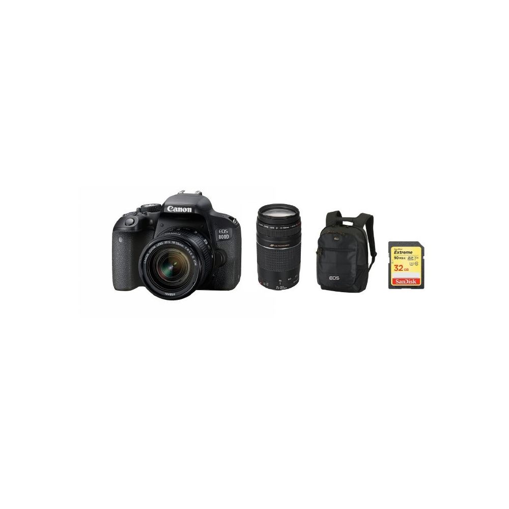 Canon - CANON EOS 800D KIT EF-S 18-55mm F4-5.6 IS STM+ EF 75-300mm F4-5.6 III + Backpack Black + 32GB SD card - Reflex Grand Public