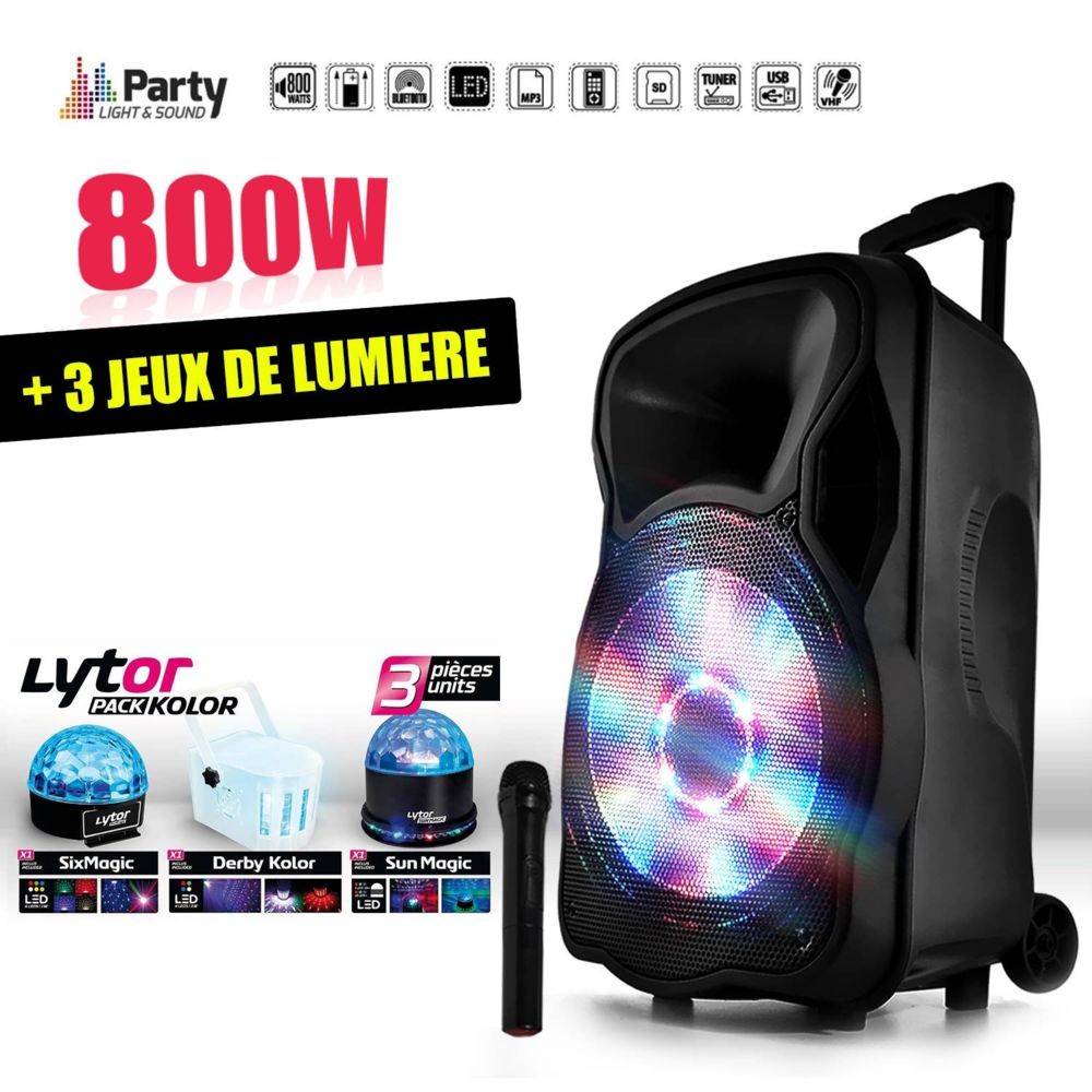 Party Light & Sound - Enceinte sono mobile amplifiée 800W 15"" LED/USB/BT/SD/FM + Micro + 3 jeux de lumière LytOr - Retours de scène