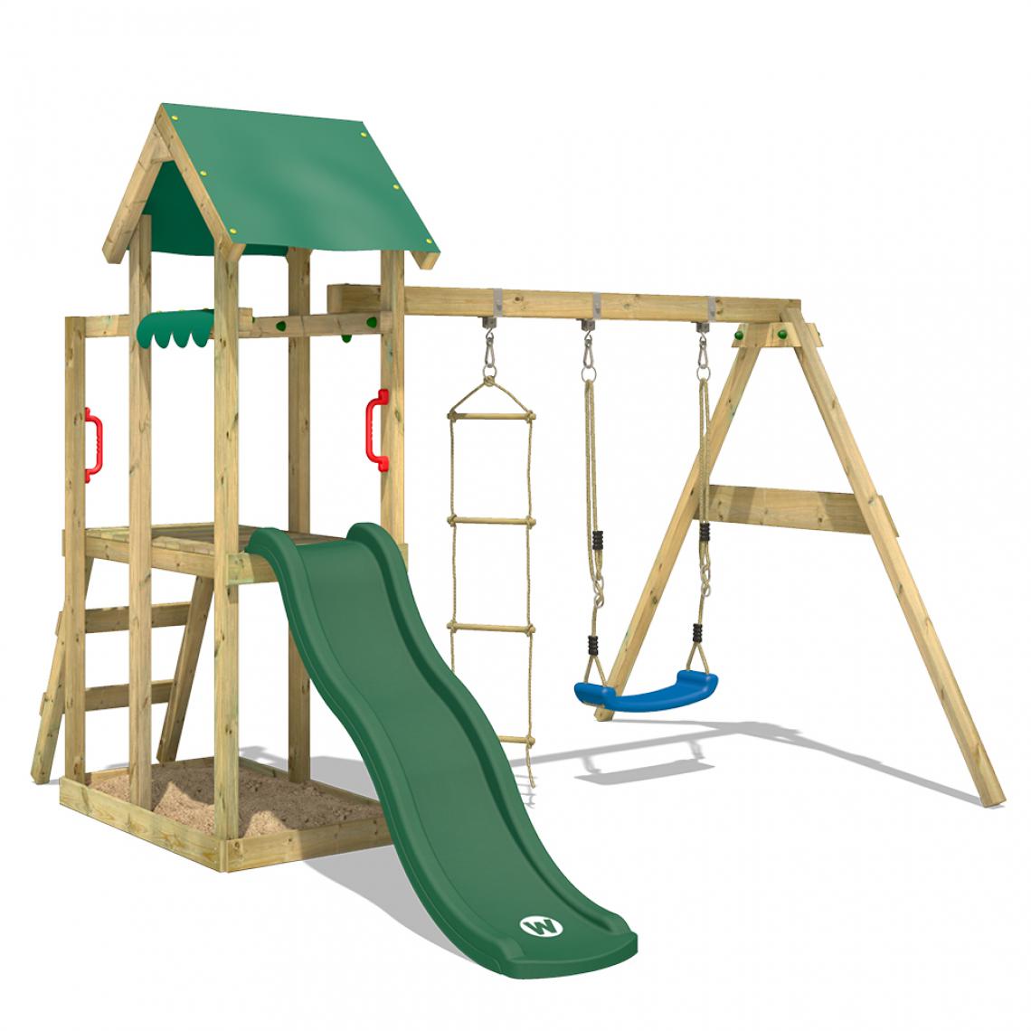 Wickey - Aire de jeux Portique bois TinyPlace avec balançoire et toboggan vert Maison enfant extérieure avec bac à sable, échelle d'escalade & accessoires de jeux - Aire de jeux