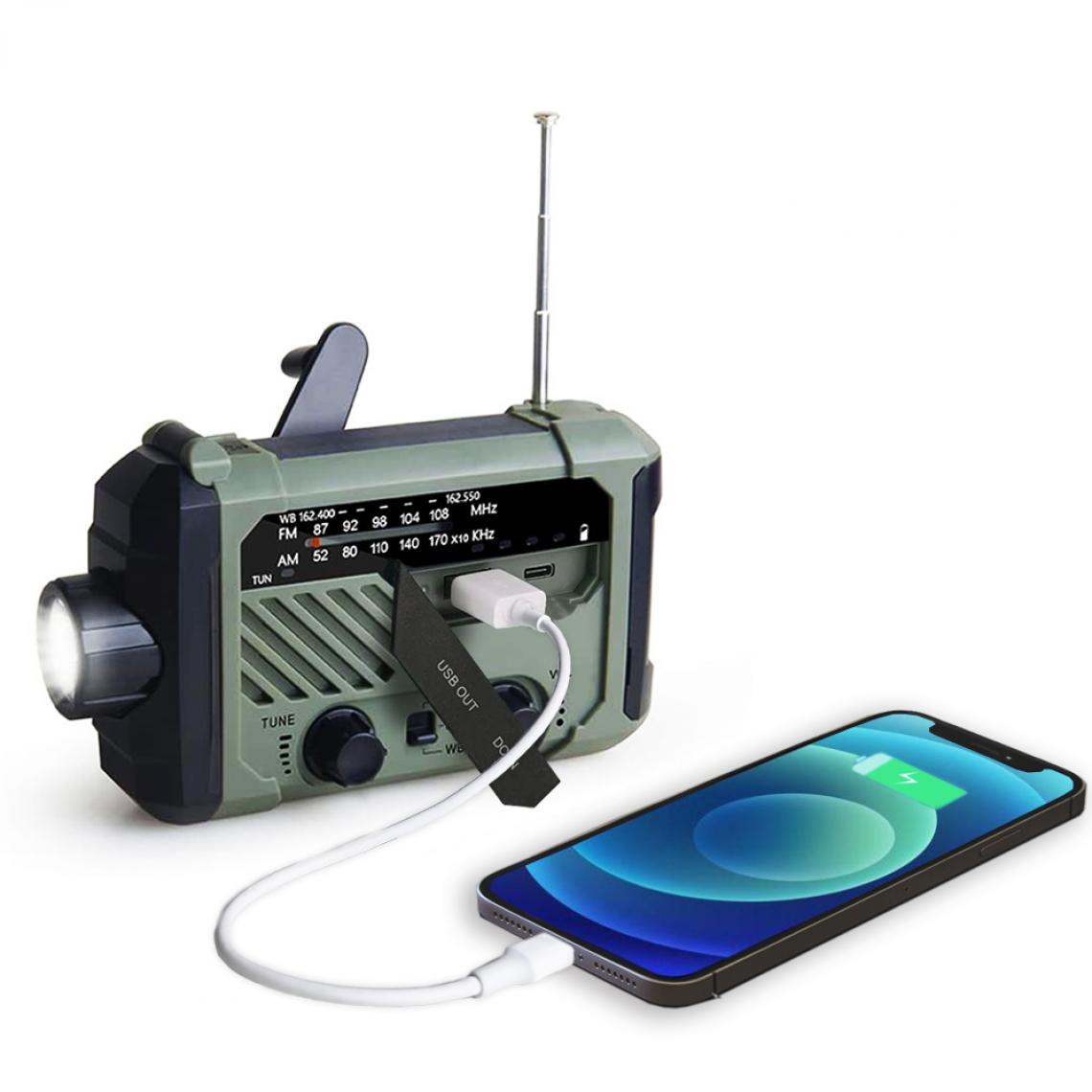 Universal - Radio portable manivelle AM FM NOAA urgence 3 dans 1 lampe de lecture lampe de poche solaire recharge 2000mAh alimentation banque pour téléphone mobile |(Vert) - Radio