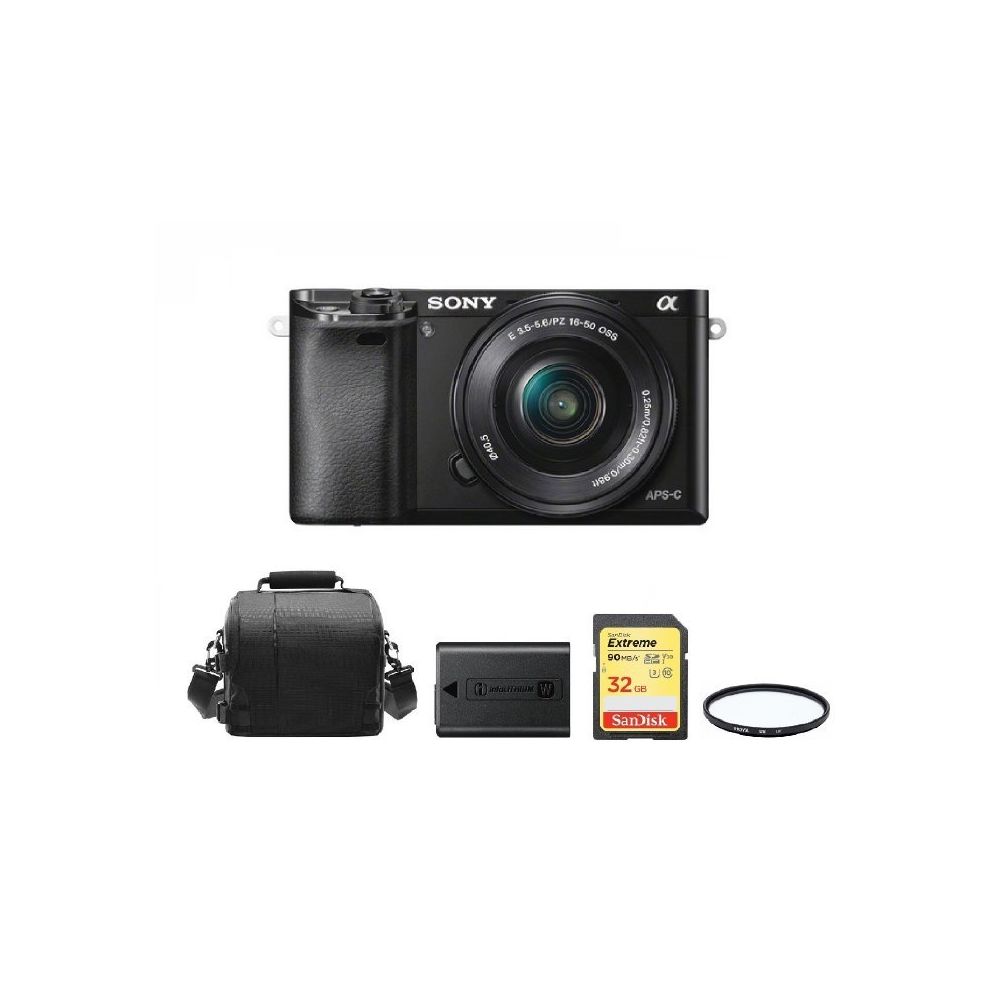 Sony - SONY A6000 Black KIT SEL 16-50MM F3.5-5.6 OSS Black + 32GB SD card + camera Bag + NP-FW50 Battery + HOYA UX UV 40.5mm Filter - Reflex Grand Public