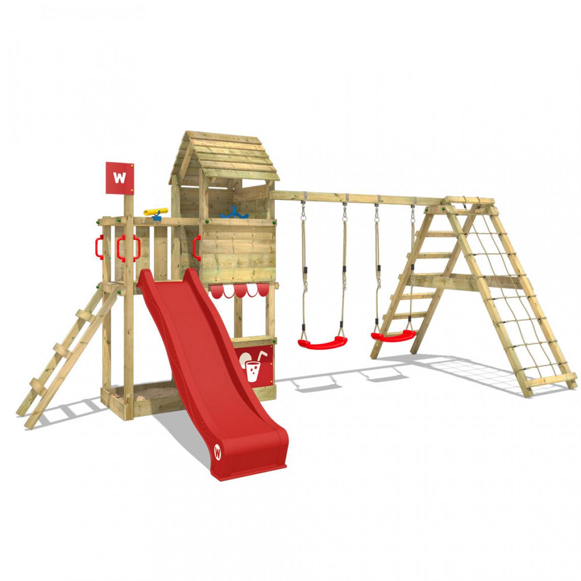 Wickey - Aire de jeux Portique bois Smart Port avec balançoire et toboggan rouge Échafaudage grimpant avec bac à sable, mur d'escalade & accessoires de jeux - Aire de jeux