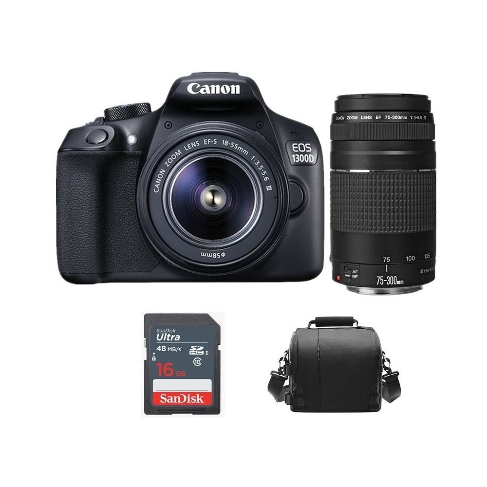 Canon - CANON EOS 1300D KIT EF-S 18-55mm F3.5-5.6 IS III + EF 75-300mm F4-5.6 III + Canon Bag + 16GB SD card - Reflex Grand Public