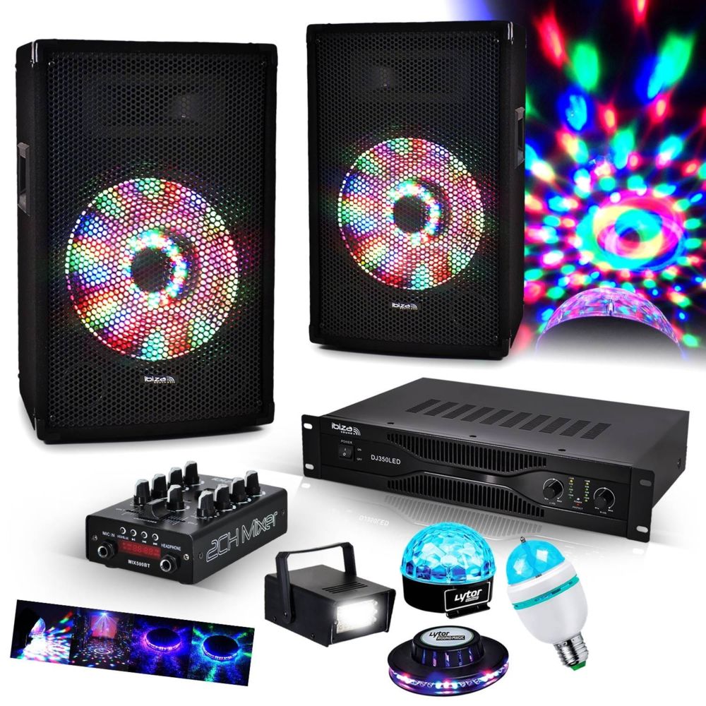 Ibiza Sound - Kit Sono 2 HP 10"" 2X250W + Table mix USB/BT + Ampli + MIC + 4 jeux de lumière à LED - Packs DJ
