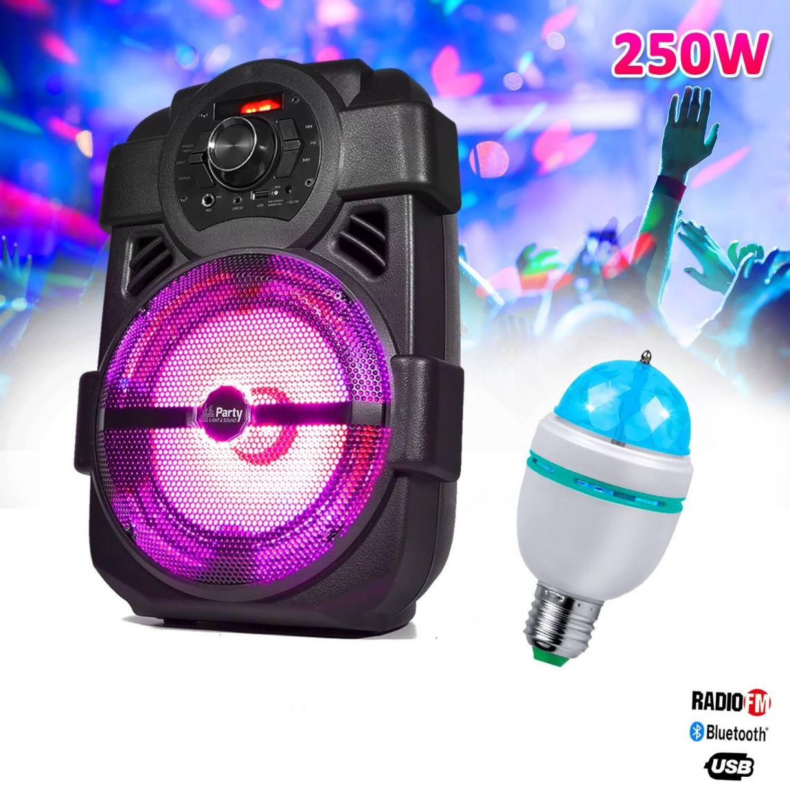Party Light & Sound - Enceinte karaoke mobile 250W 8" USB/BT/FM + Ampoule d'ambiance 3 couleurs - Enceinte nomade