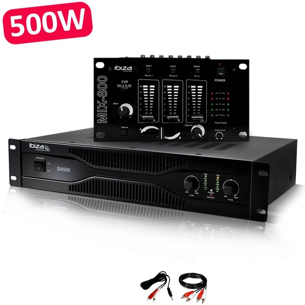 Ibiza Sound - Pack Sono Dj Amplificateur 500W IBIZA SOUND SA500 + Table de mixage MIX800 + Câblages RCA + PC - Ampli