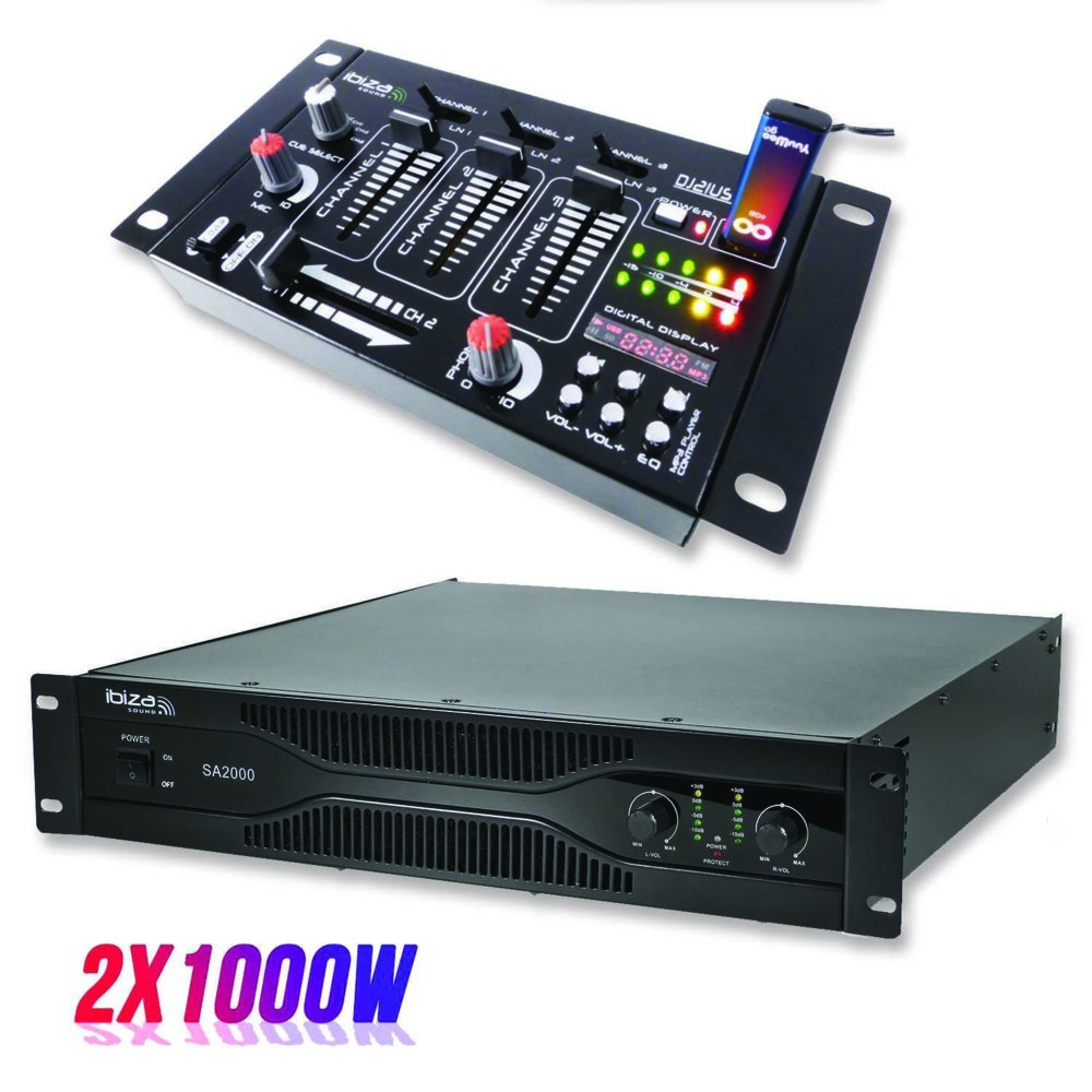 Ibiza Sound - Pack sonorisation amplificateur 2000W SA2000 + Table de mixage 4 voies 7 entrées - Packs sonorisation