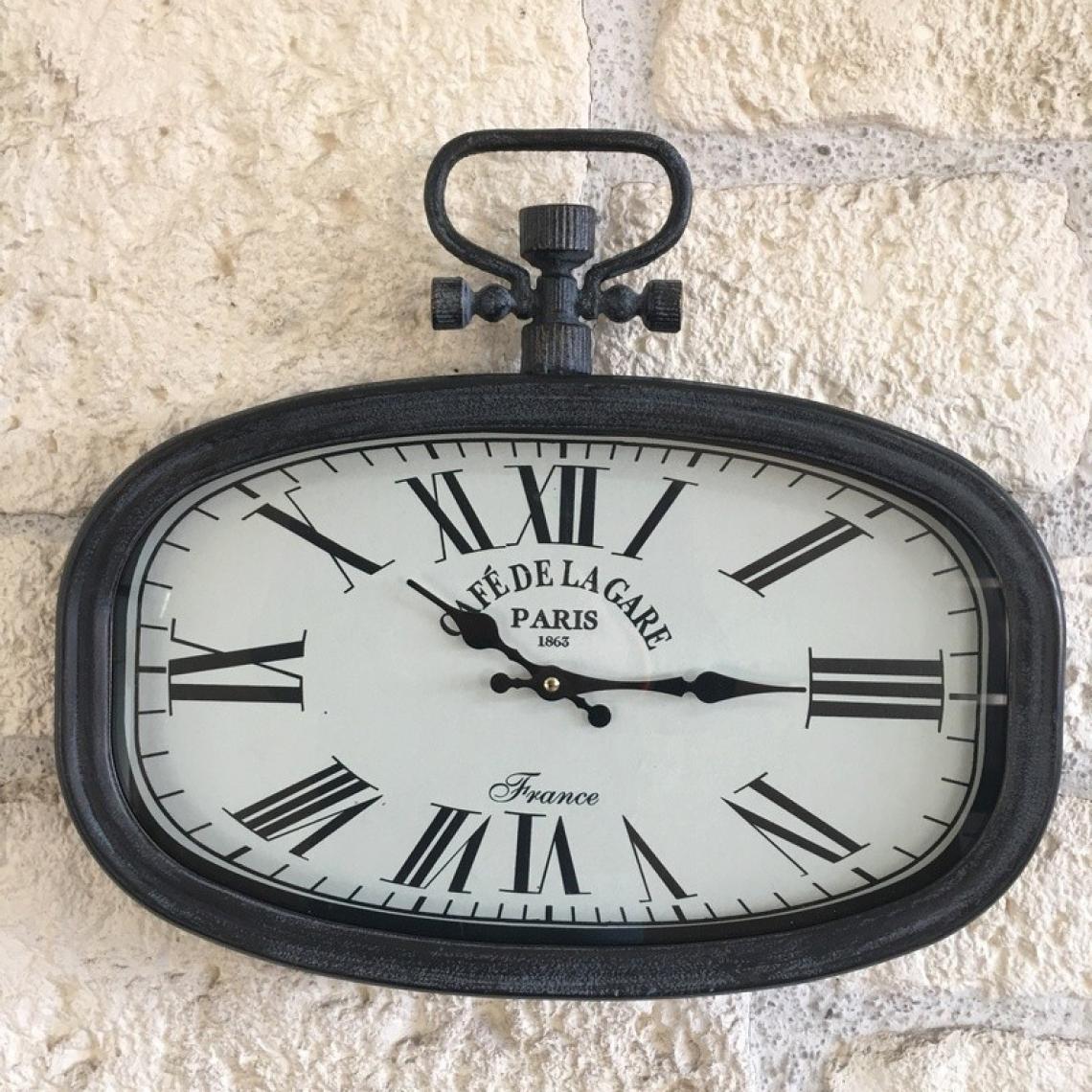 Chemin De Campagne - Horloge Murale de Gare Industrielle Style a Gousset Fer Verre 45 cm x 40 cm - Horloges, pendules